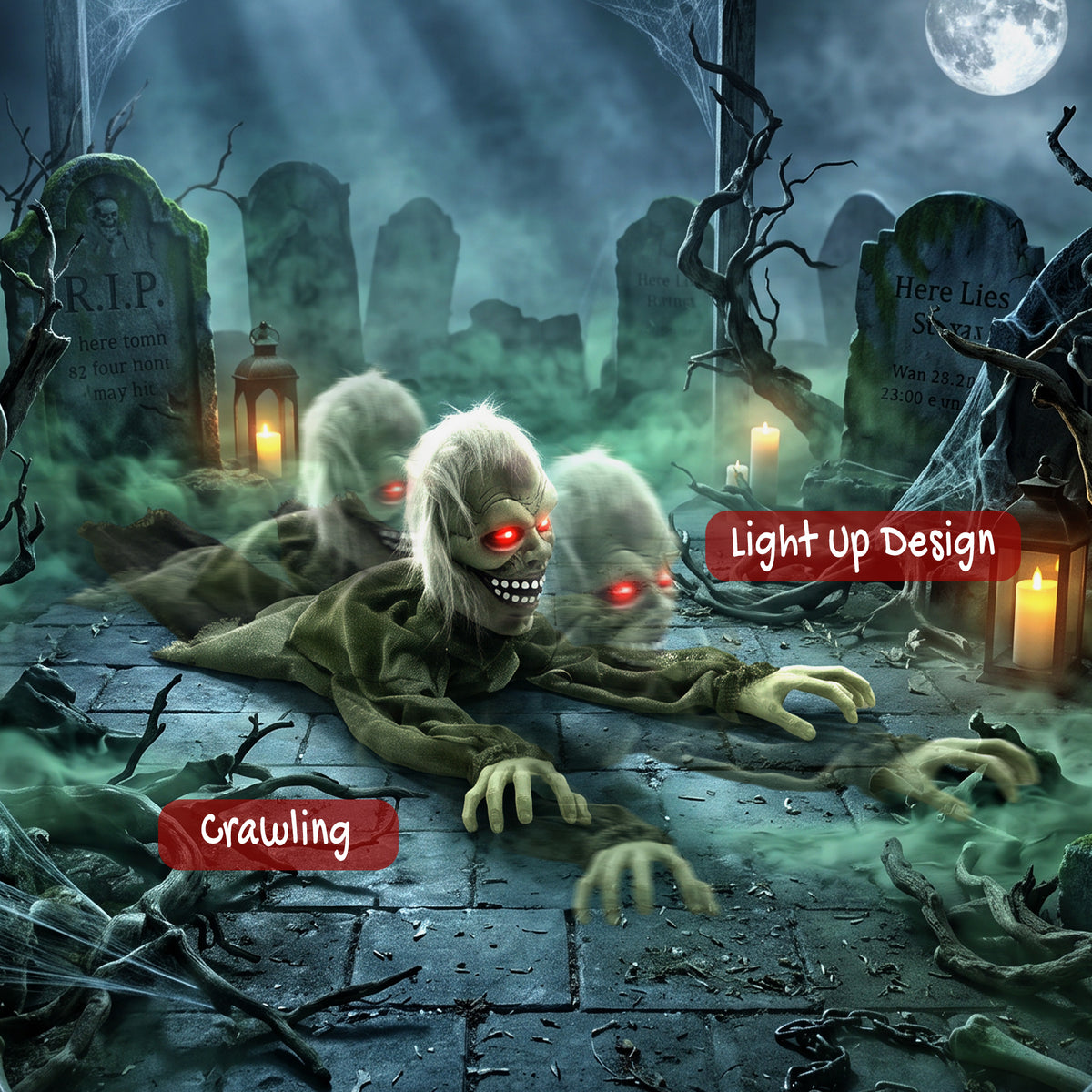 HOMCOM Halloween Decoration Halloween Animatronic Crawling Zombie with Light-Up Eyes and Creepy Sound