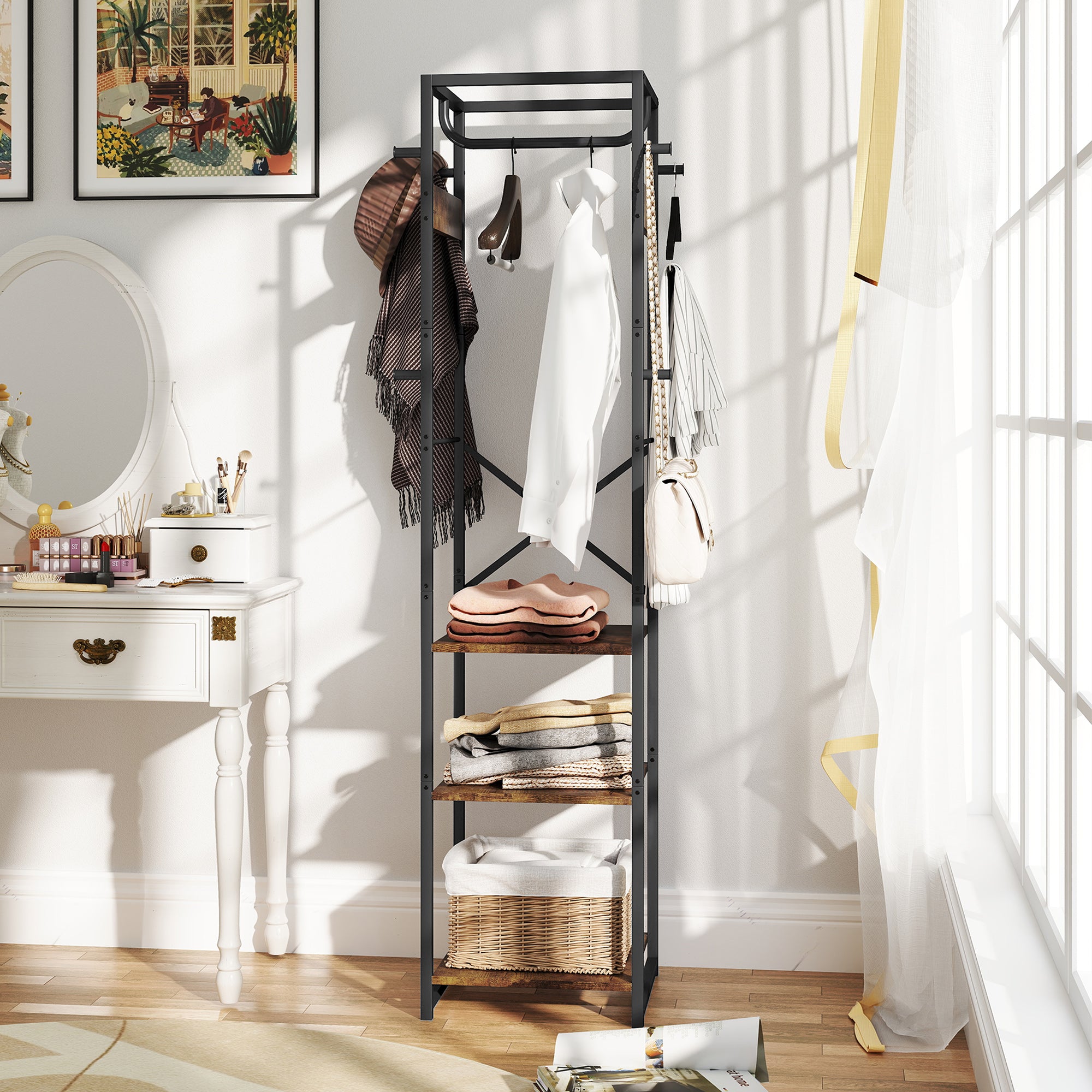 HOMCOM Multi-Storage Clothes Rack - Brown/Black - North Peak Garden Furniture