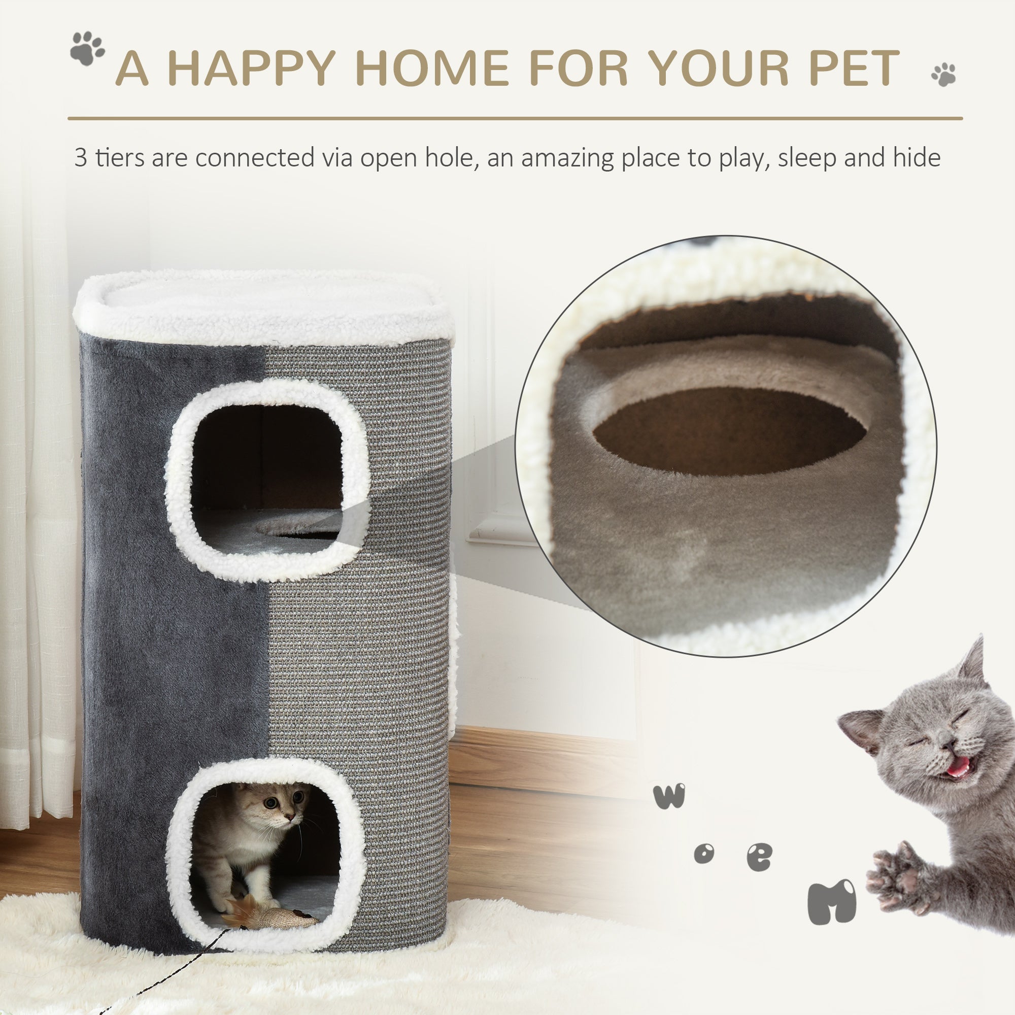 PawHut Sisal Cat Barrel with Soft Plush & Lamb Fleece Grey - North Peak Garden Furniture