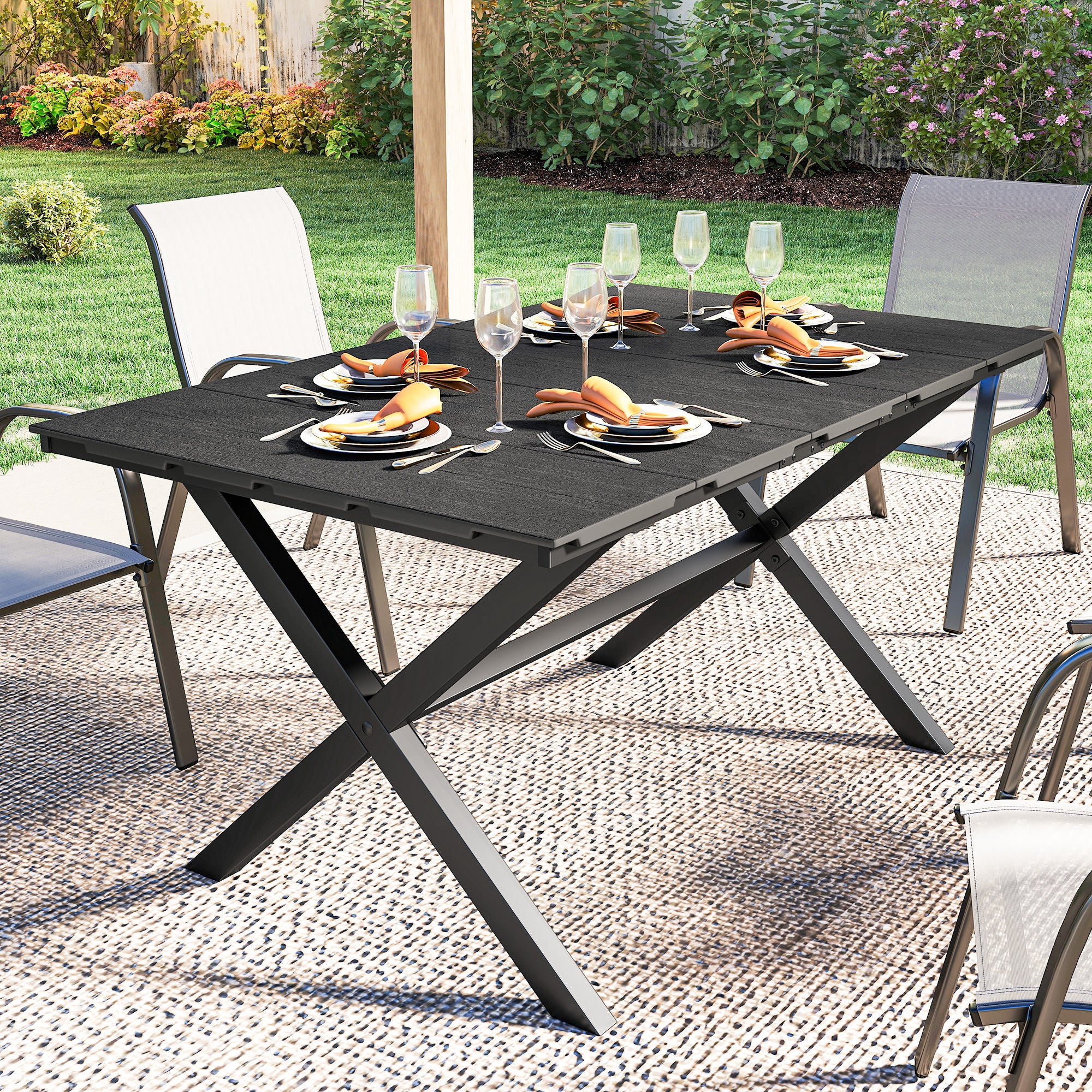Outsunny Garden Dining Table for 6, Rectangular Outdoor Table with Wood Effect HDPE Top, X-Shaped Metal Legs, Black