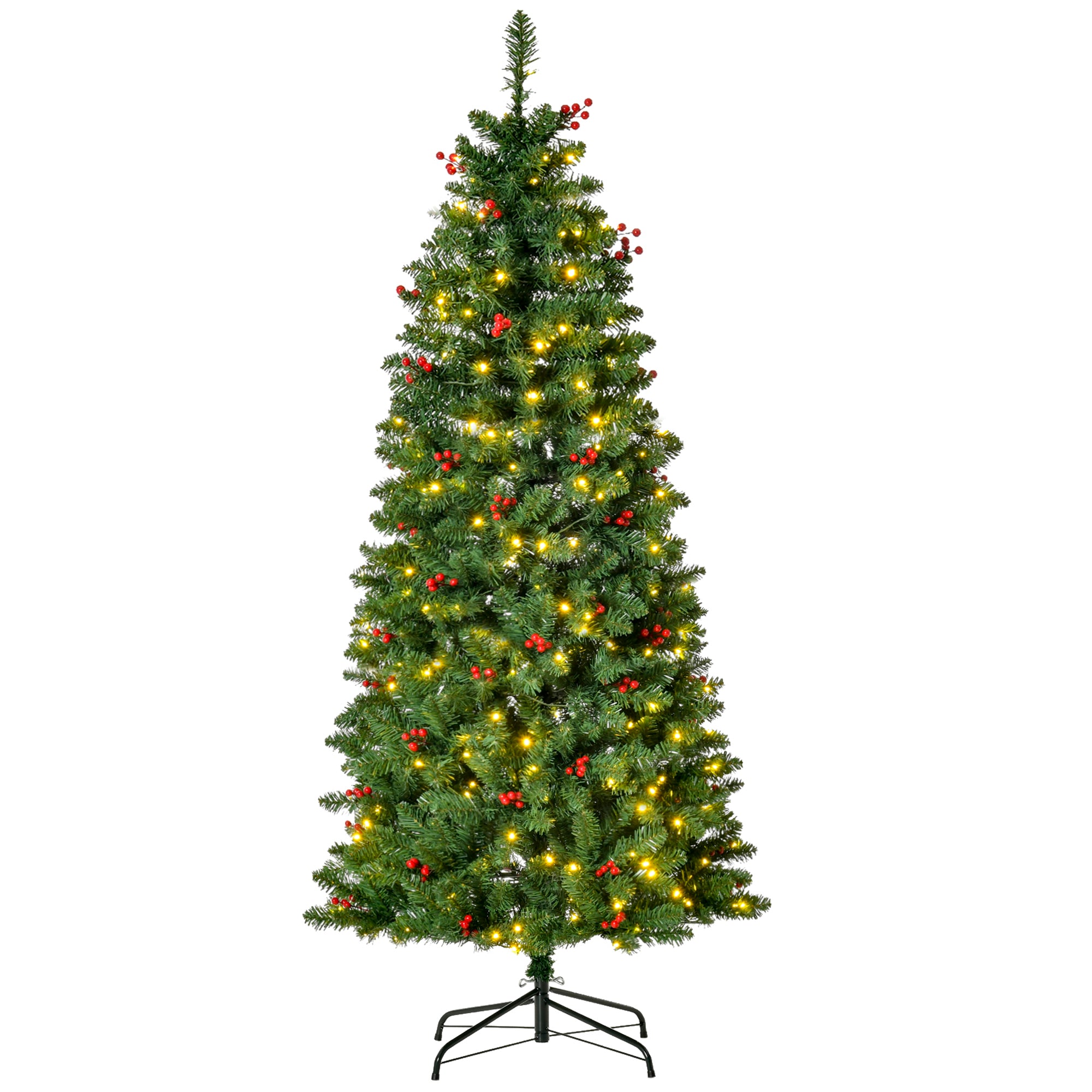 HOMCOM 5FT Prelit Artificial Pencil Christmas Tree with Warm White LED Light, Red Berry, Holiday Home Xmas Decoration, Green - North Peak Garden Furniture