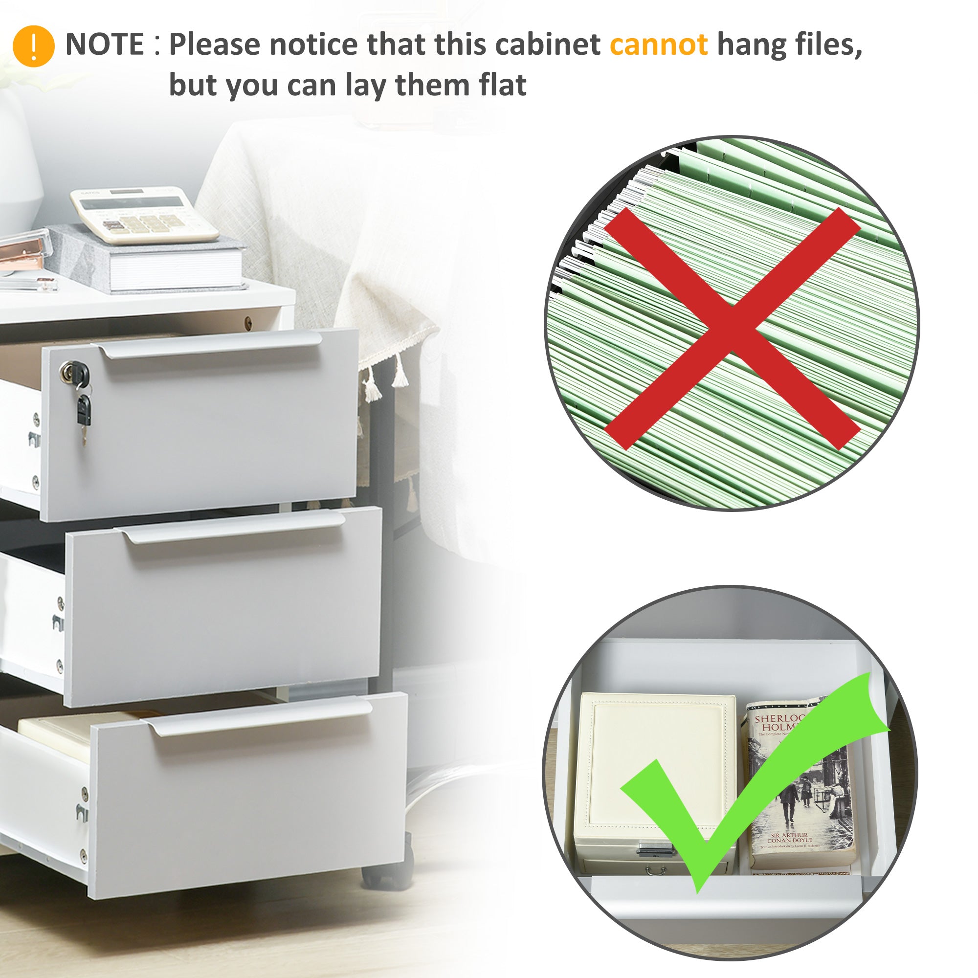 HOMCOM 3-Drawer Locking File Cabinet Mobile Chest of Drawers Side Table on Wheels for Home Office, Bedroom and Living room - North Peak Garden Furniture