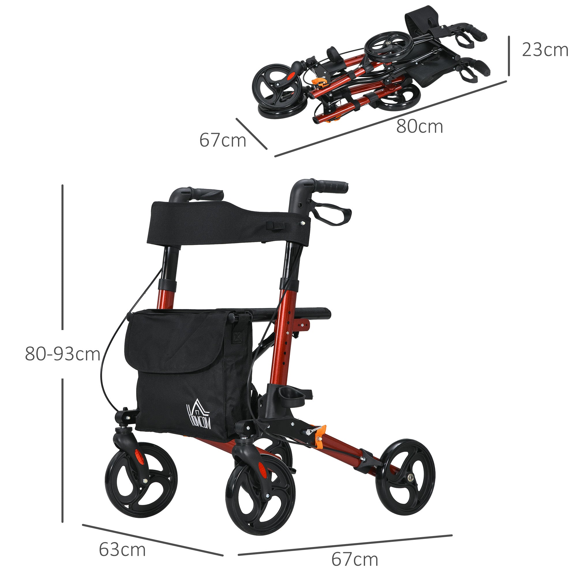HOMCOM 4 Wheel Rollator with Seat and Back, Folding Mobility Walker with Carry Bag, Adjustable Height, Dual Brakes, Cane Holder, Lightweight Aluminium Walking Frame for Seniors and Disabled, Red - North Peak Garden Furniture