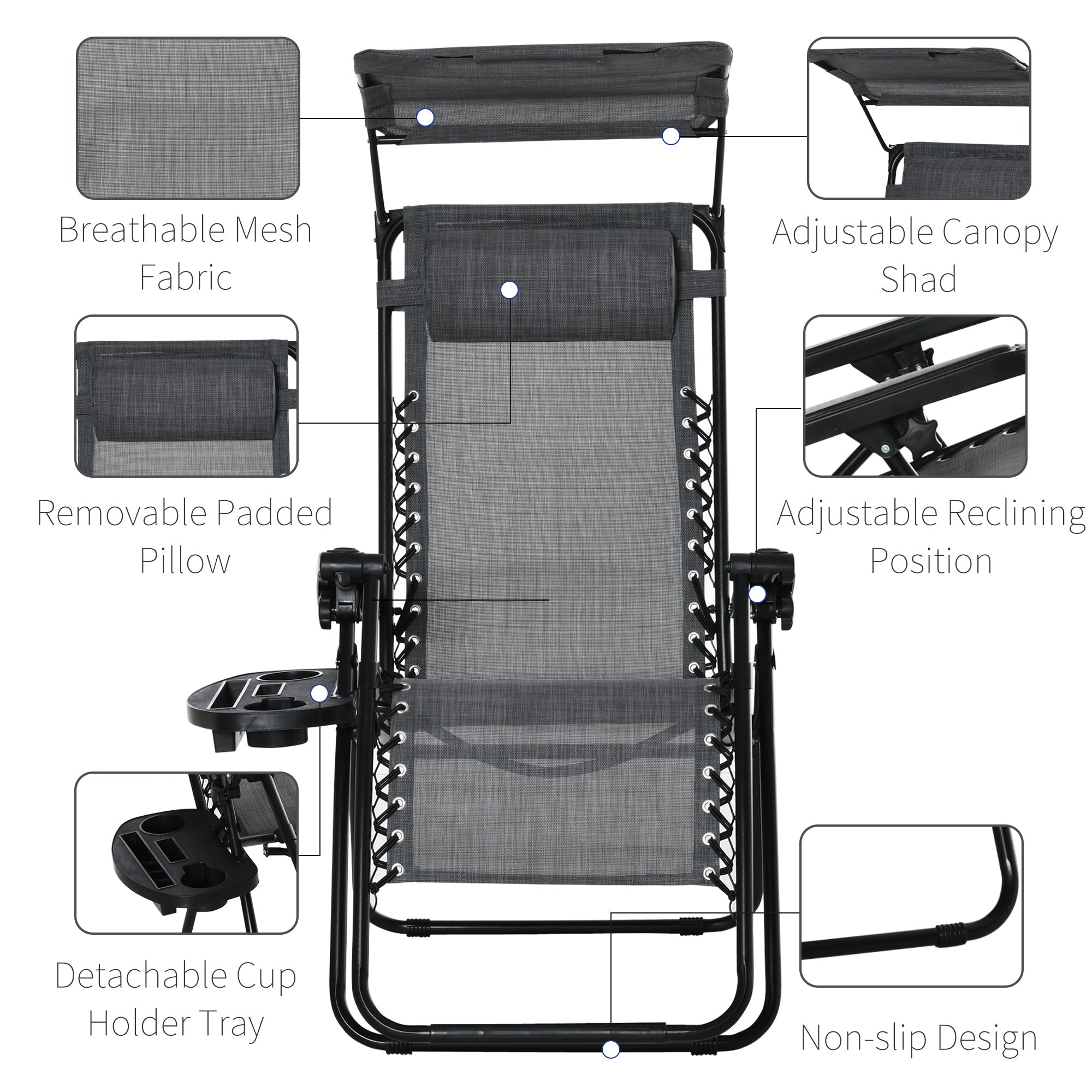 Outsunny Foldable Reclining Garden Chair with Headrest, Zero Gravity Deck Sun Lounger Seat Chair with Footrest, Armrest, Cup Holder & Canopy Shade, Light Grey - North Peak Garden Furniture