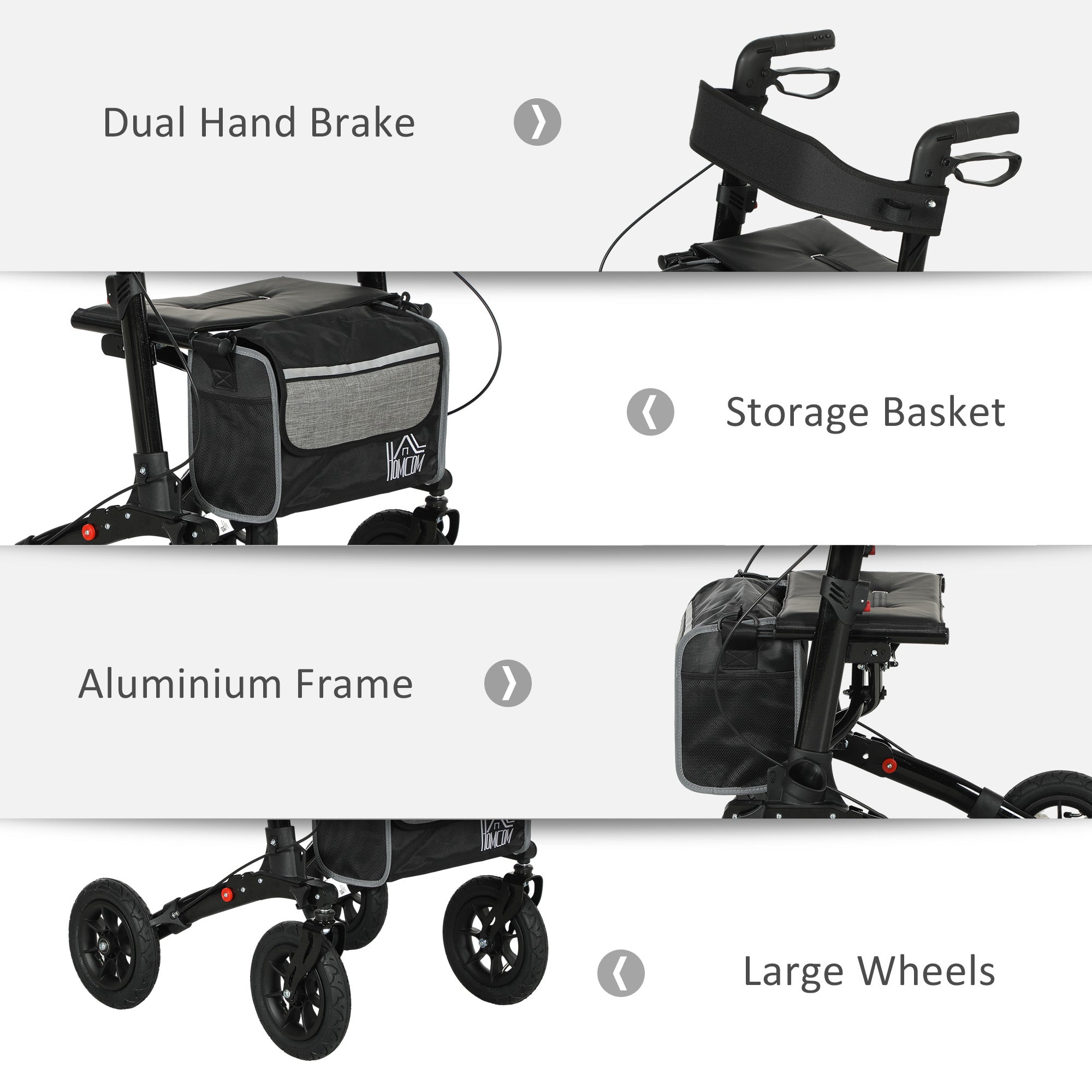 HOMCOM Folding Rollator Walker with Padded Seat, Backrest, Lightweight Walking Frame with Storage Bag, Dual Brakes, All-terrain Wheels, Adjustable Handle Height, 4 Wheeled Walker for Seniors, Black - North Peak Garden Furniture