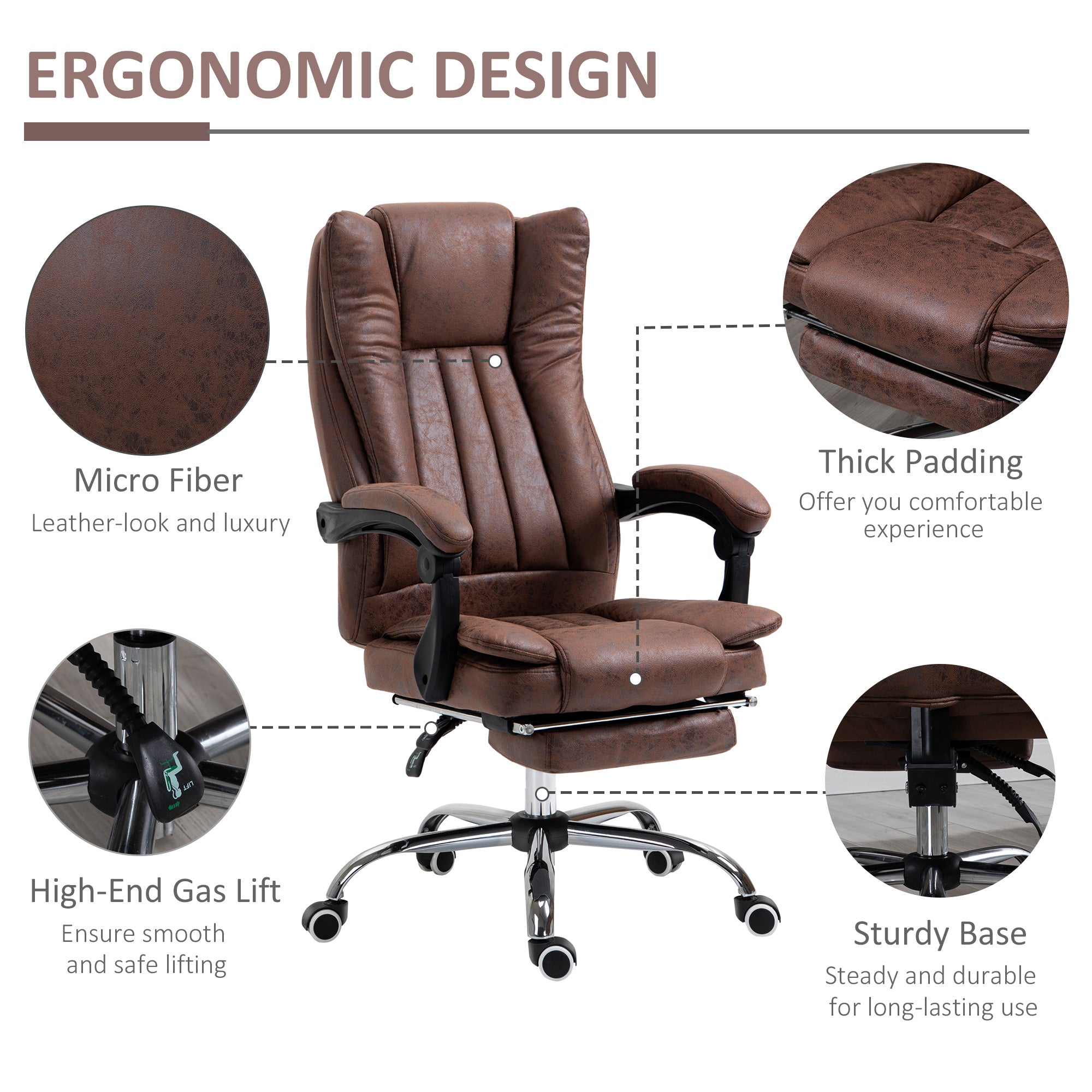 Vinsetto Home Office Chair Microfibre Desk Chair with Reclining Function Armrests Swivel Wheels Footrest Brown - North Peak Garden Furniture