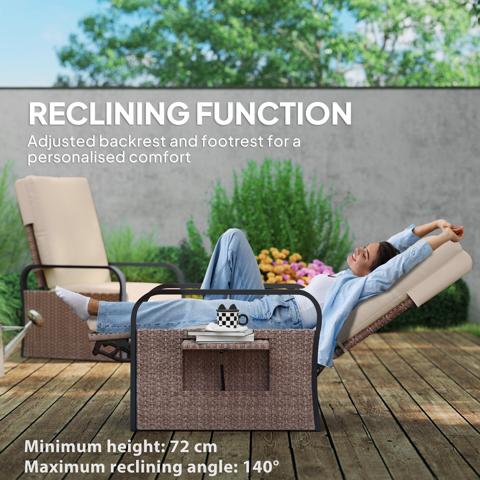 Outsunny 140° Reclining Rattan Armchair - Brown/Khaki - North Peak Garden Furniture