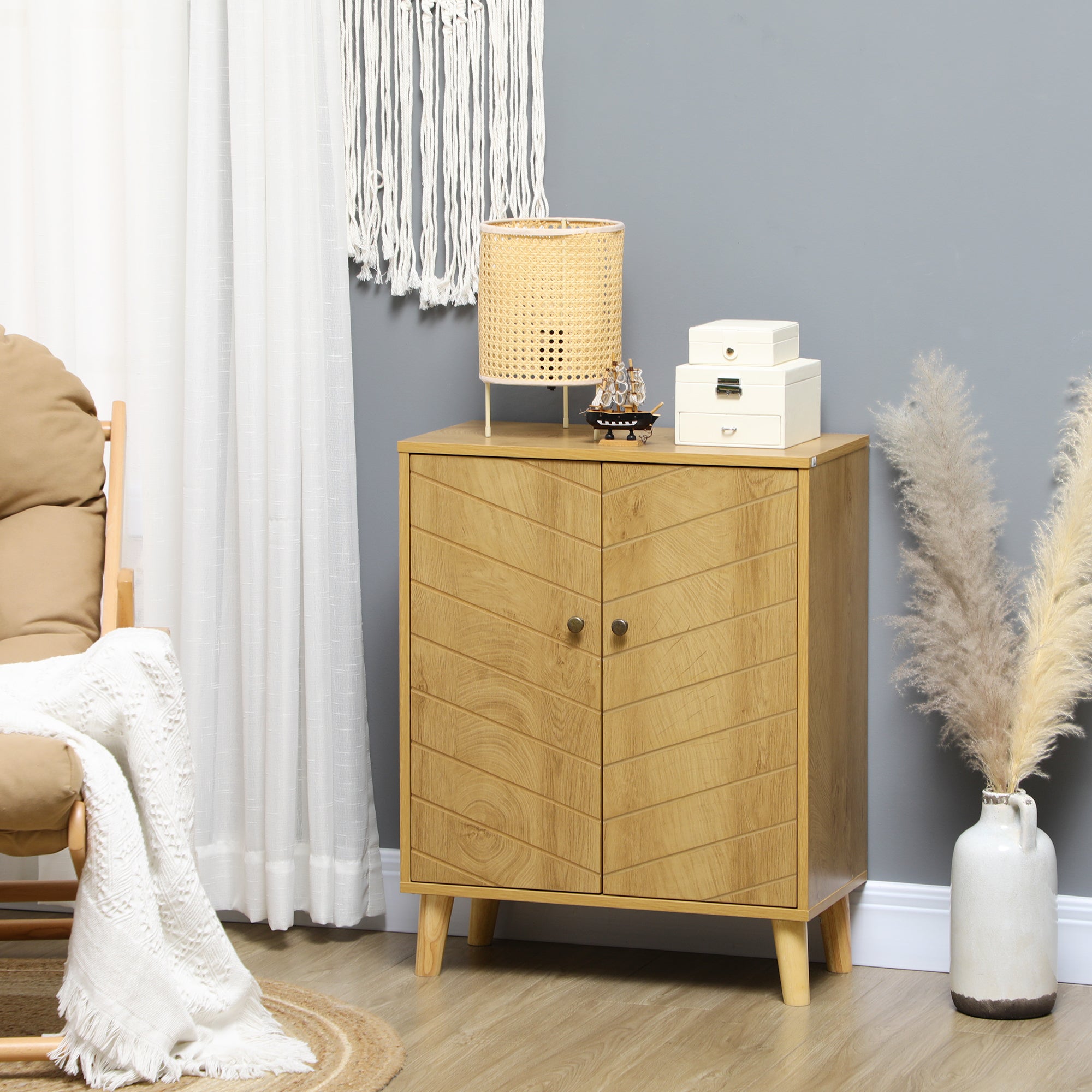 HOMCOM Vintage Storage Cabinet with Double Chevron Doors and Pine Wood Legs, Side Cabinet, Natural Wood Effect