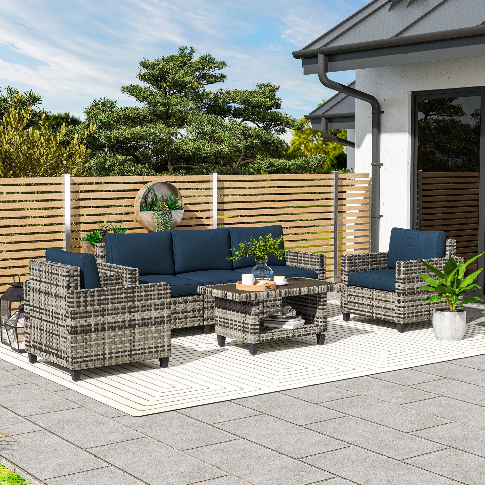 Outsunny Six-Piece Modular Rattan Sofa Set - Navy Blue - North Peak Garden Furniture
