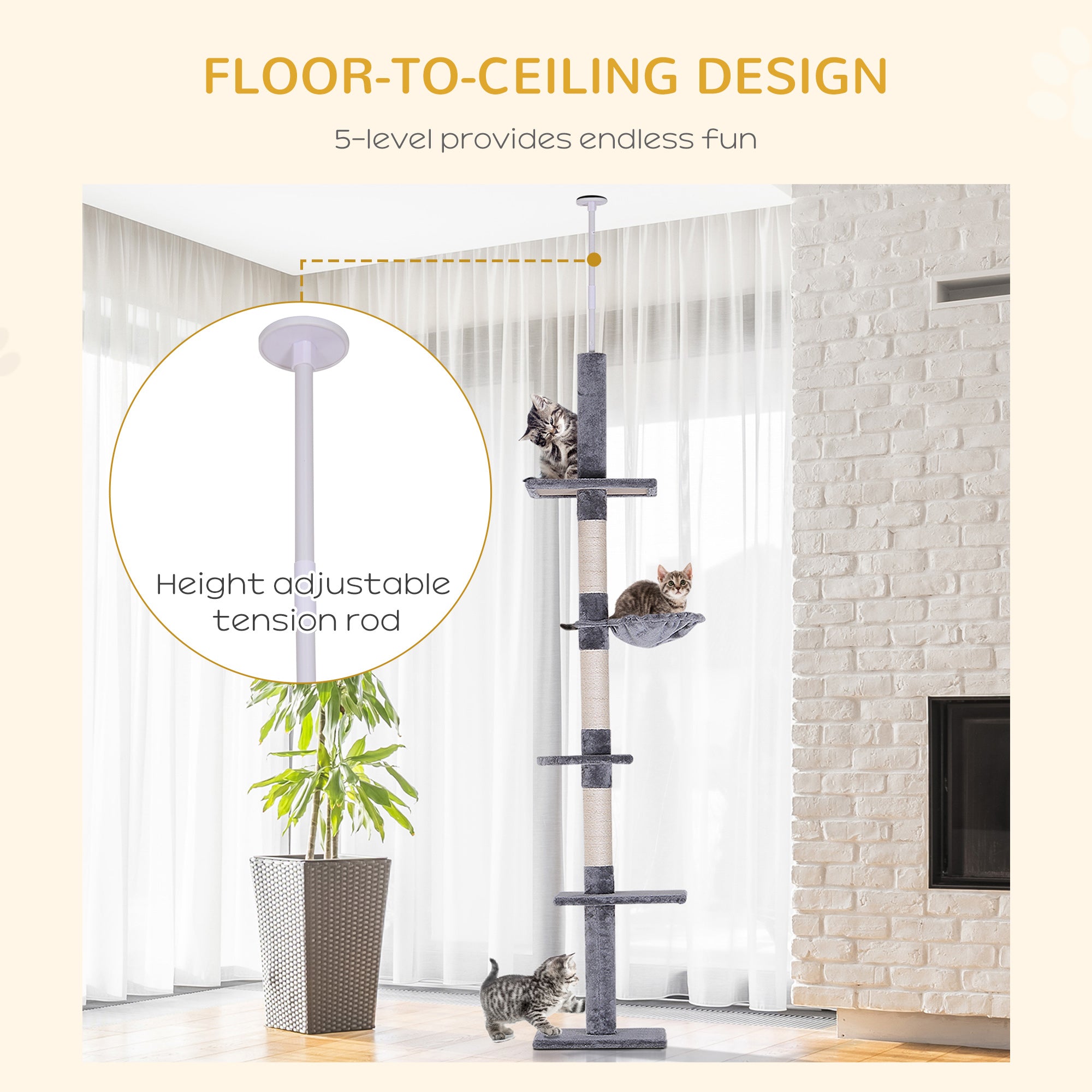 PawHut Floor to Ceiling Cat Tree for Indoor Cats 5-Tier Kitty Tower Climbing Activity Center Scratching Post Adjustable Height 230-260 cm Grey - North Peak Garden Furniture