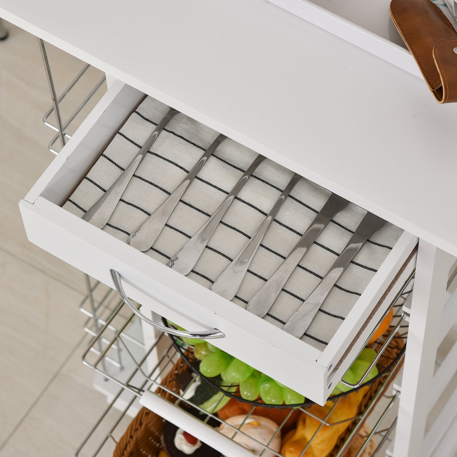 HOMCOM Rolling Kitchen Cart, Utility Storage Cart with 4 Basket Drawers & Side Racks, Wheels for Dining Room, White