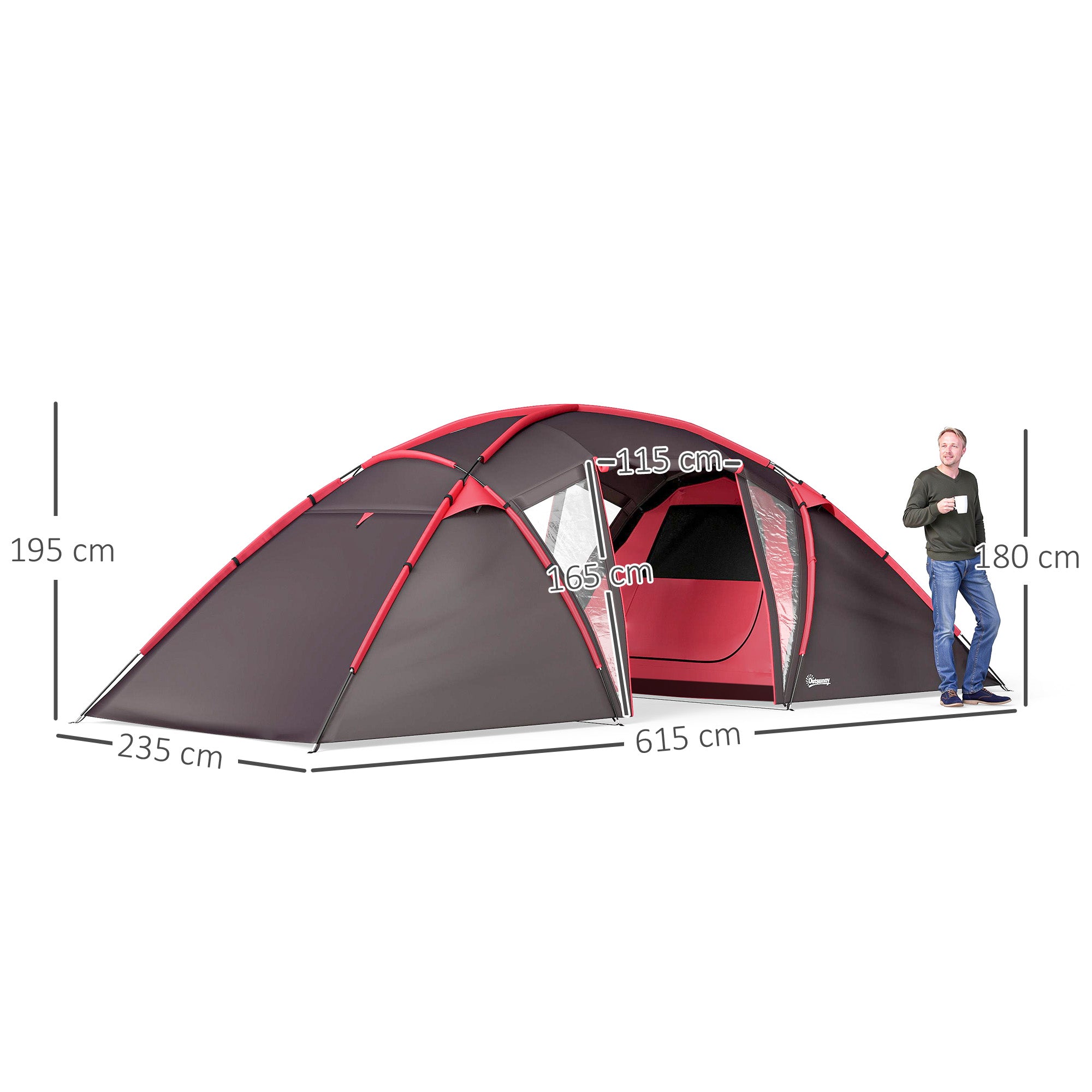 Outsunny 4-6 Man Family Camping Tent w/ 2 Bedrooms and a Living Room, Waterproof Tunnel Tent w/ Sewn In Groundsheet, Doors, Windows, Carry Bag, Grey - North Peak Garden Furniture