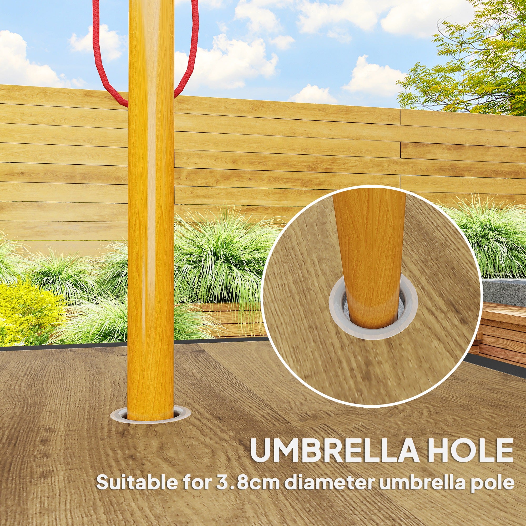 Outsunny Outdoor Garden Table Dining Table for 4 with Parasol Hole, Stone-Grain Effect PC Board Top for Patio, Garden, Brown - North Peak Garden Furniture