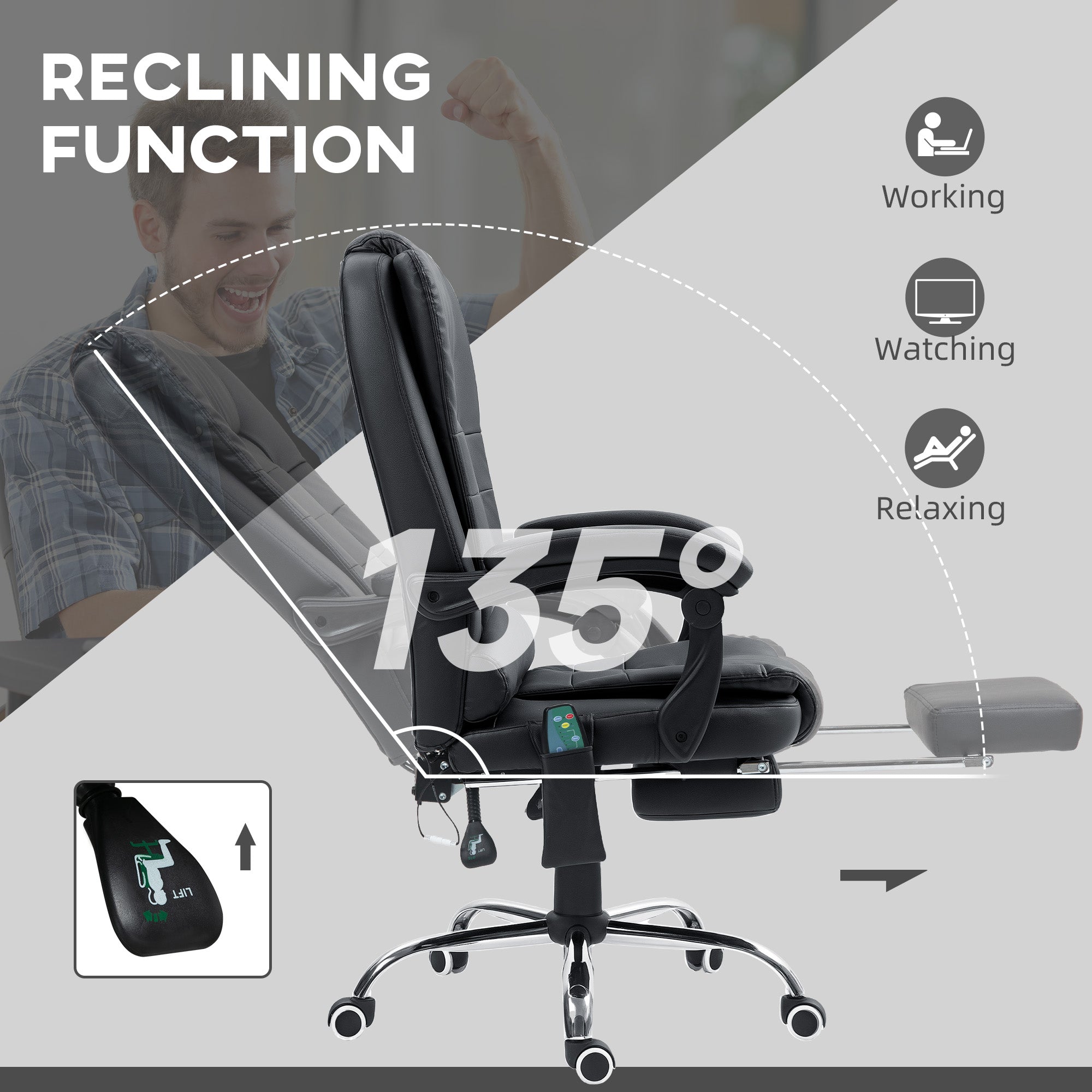 Vinsetto Heated 6 Points Vibration Massage Executive Office Chair Adjustable Swivel Ergonomic High Back Desk Chair Recliner with Footrest Black - North Peak Garden Furniture