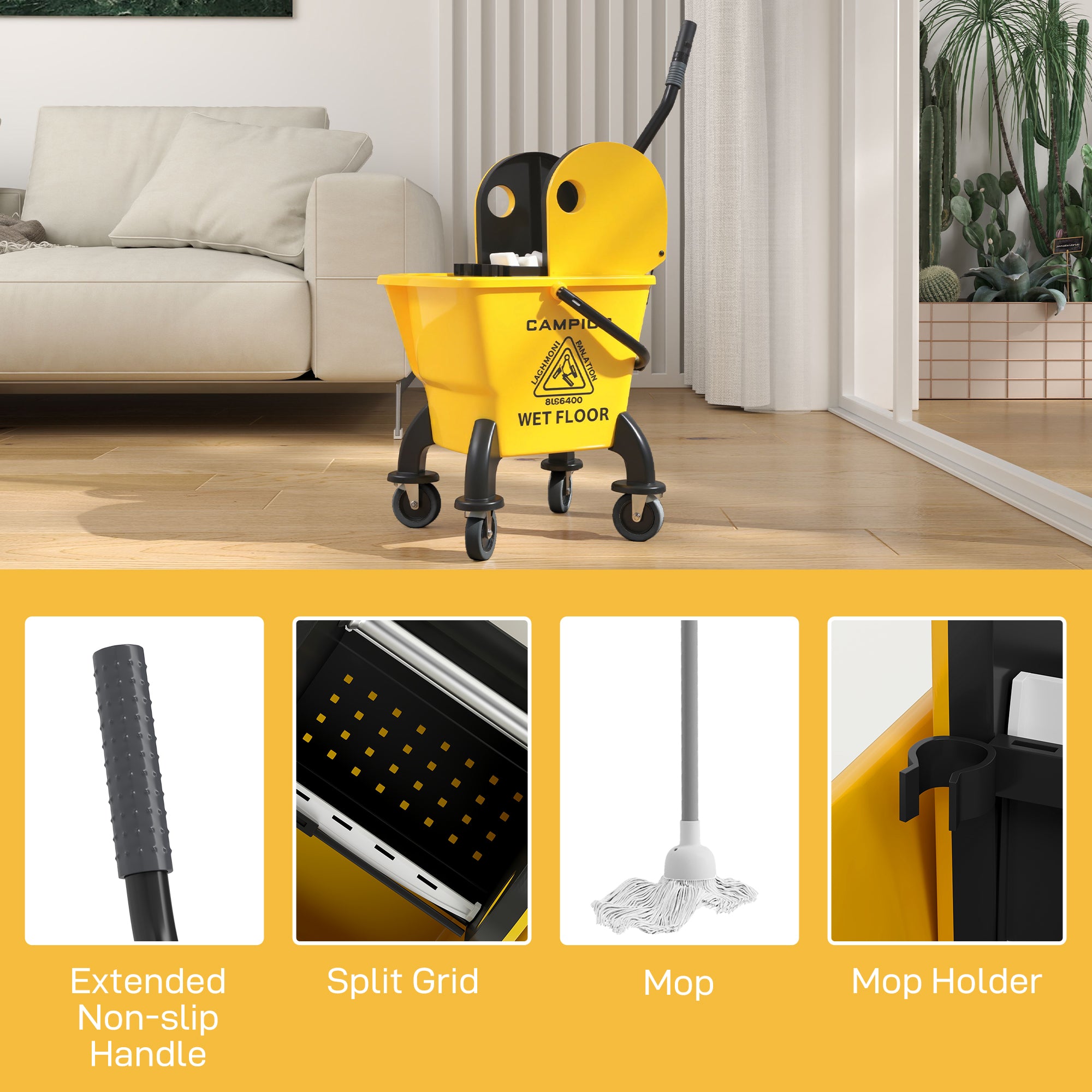 HOMCOM 26 Litre Mop Bucket, with Wringer and Mop - Yellow - North Peak Garden Furniture