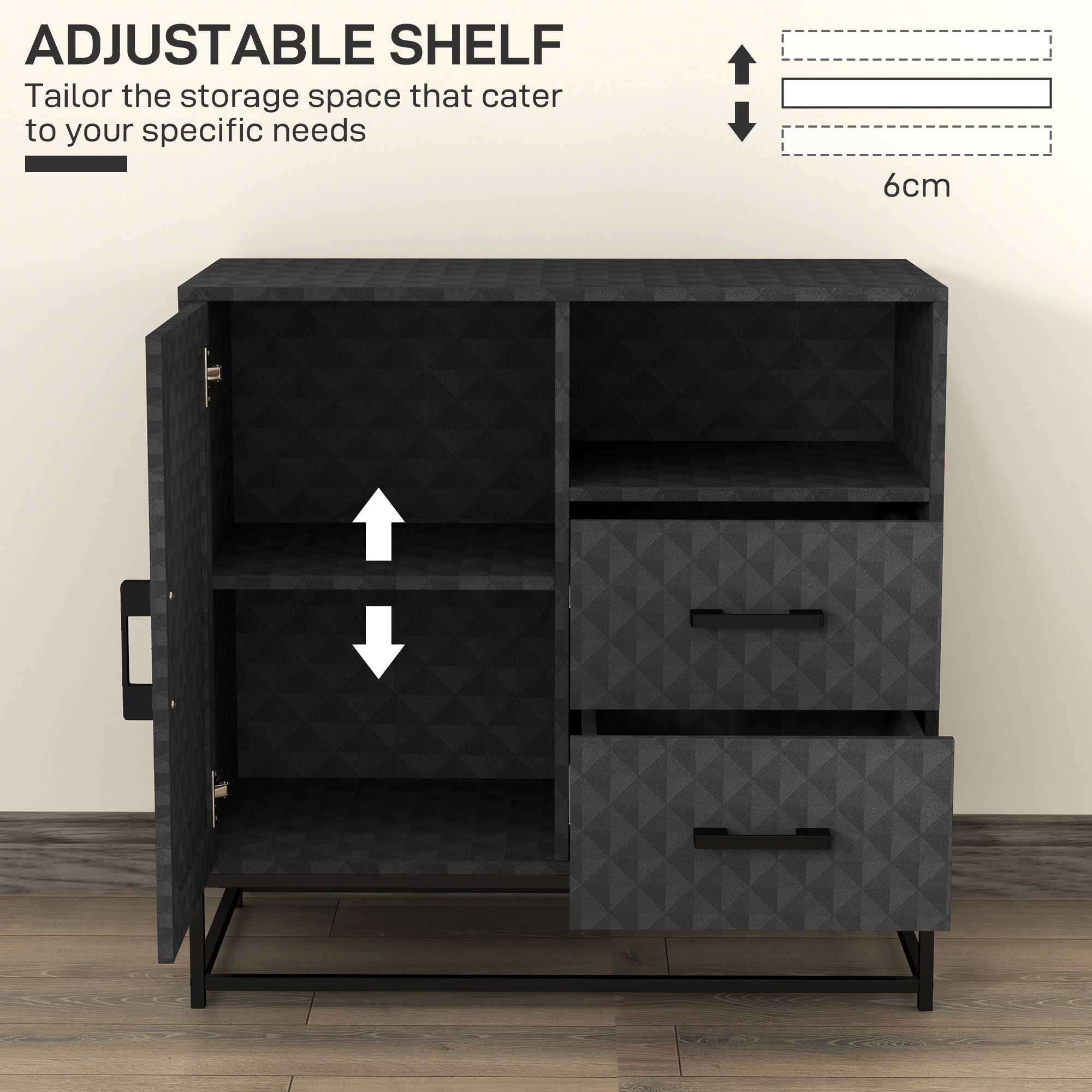 HOMCOM Sideboard with Adjustable Shelf, Freestanding Sideboard Storage Cabinet with Open Compartment and 2 Drawers, Black - North Peak Garden Furniture