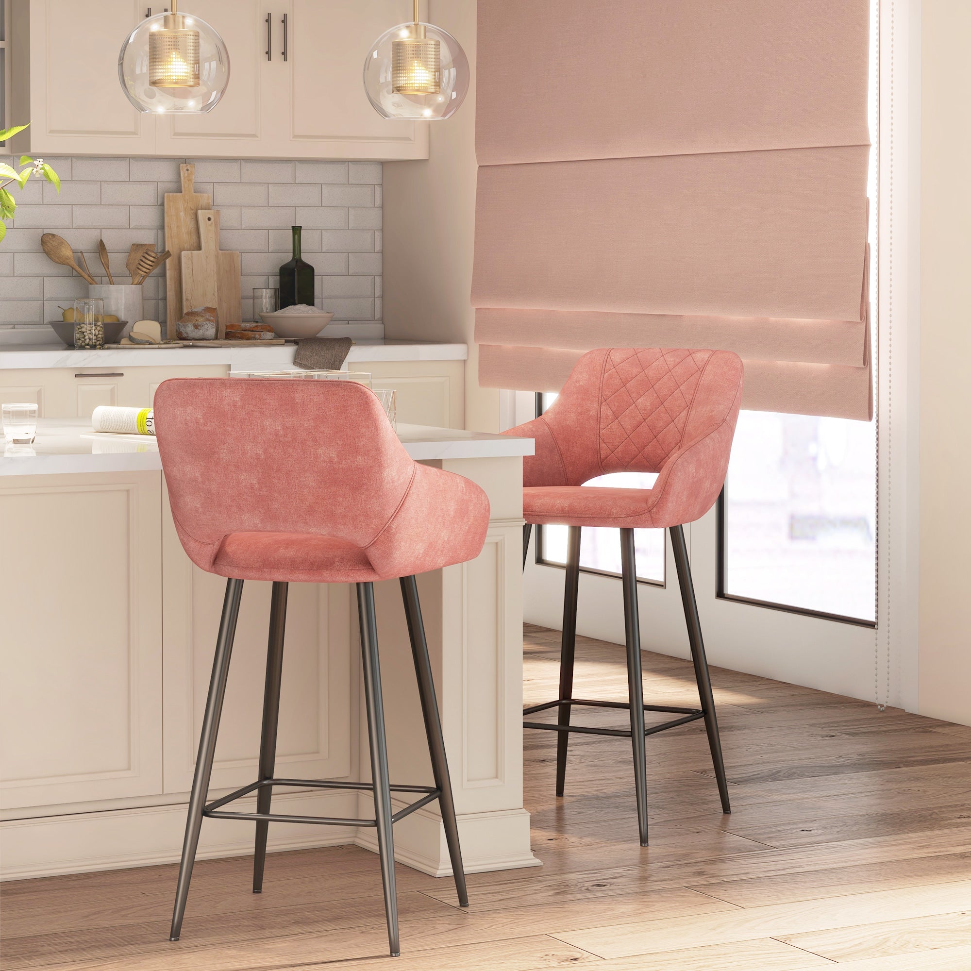 HOMCOM Set of Two Velvet-Feel Bar Stools - Pink - North Peak Garden Furniture