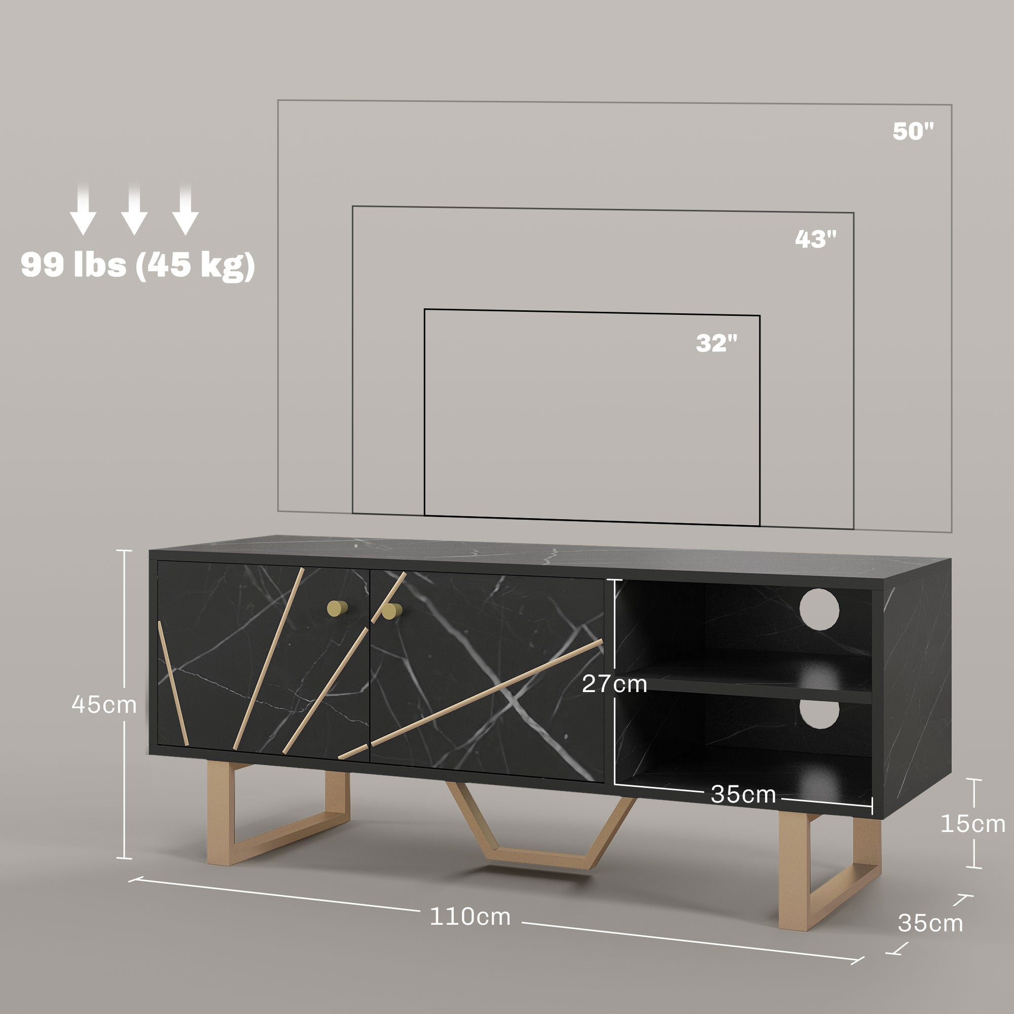 HOMCOM TV Stand Cabinet for TVs up to 50 Inches, TV Unit with Storage Shelves and Cupboard for Living Room, Black Marble Tone - North Peak Garden Furniture