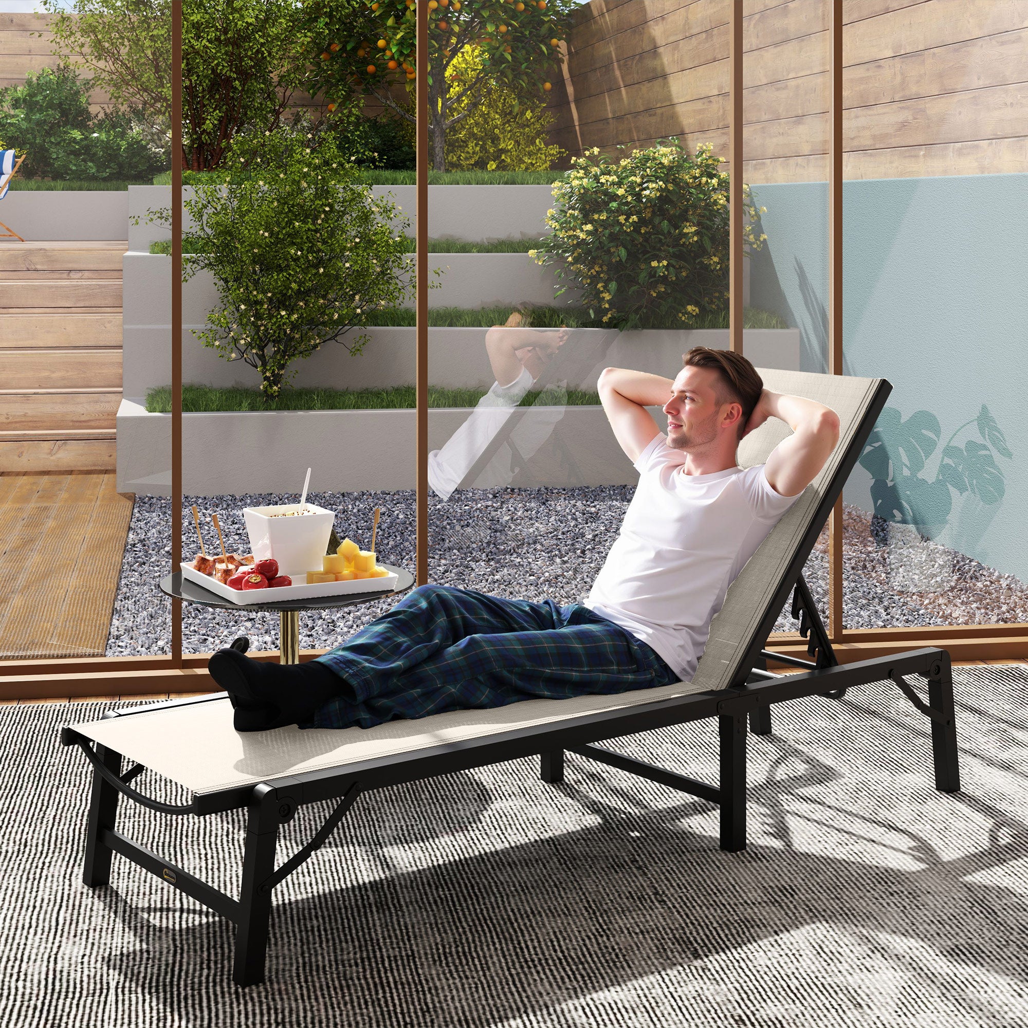 Outsunny Folding Sun Lounger, 5-Position Adjustable Garden Chaise Lounge Sunbed, Steel Frame Reclining Chair for Beach, Porch, Patio, Camping, Khaki - North Peak Garden Furniture