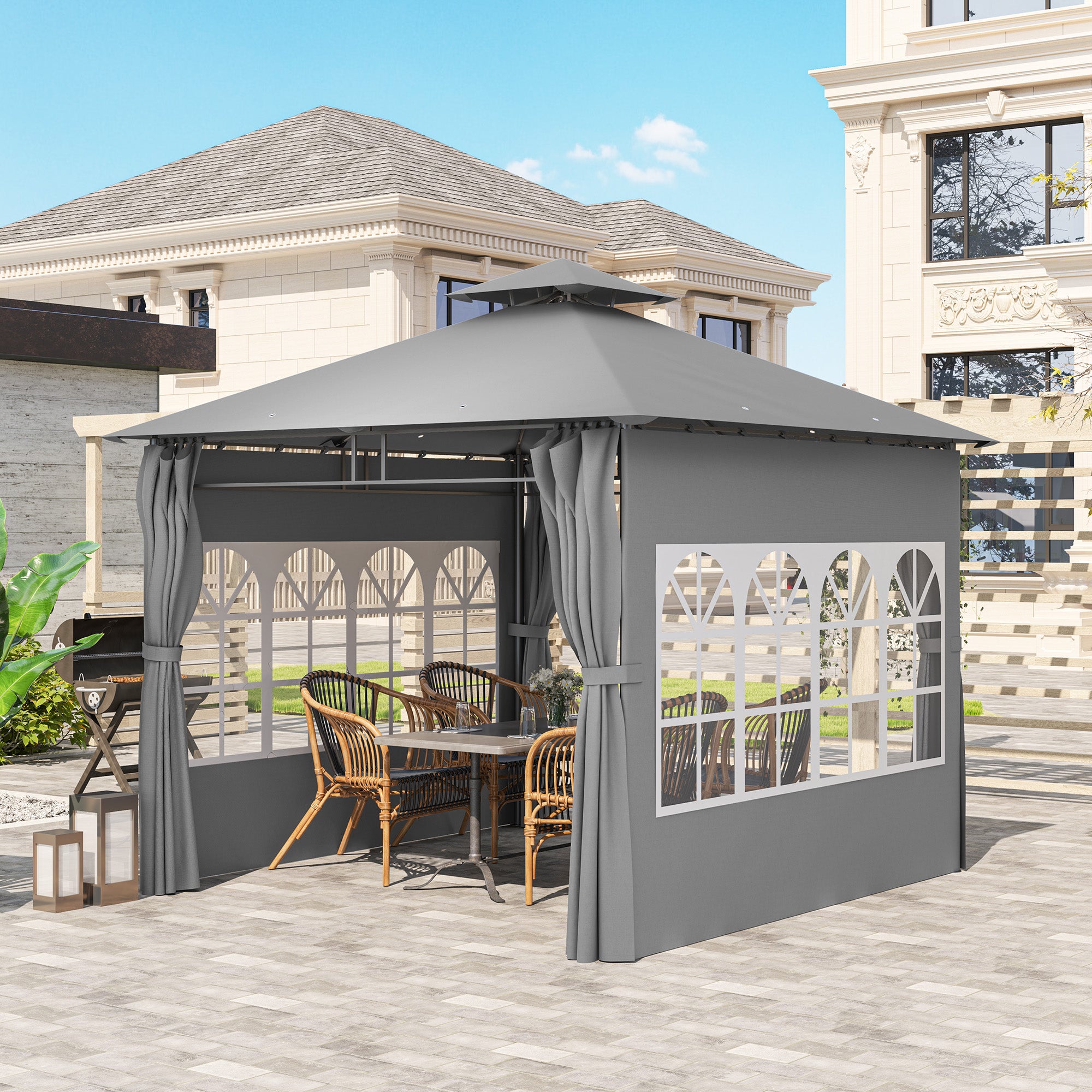 Outsunny 3 x 3 m Garden Gazebo, Double Roof Metal Gazebo with Removable Sidewalls and Church Windows, Outdoor Canopy Shelter, Light Grey - North Peak Garden Furniture