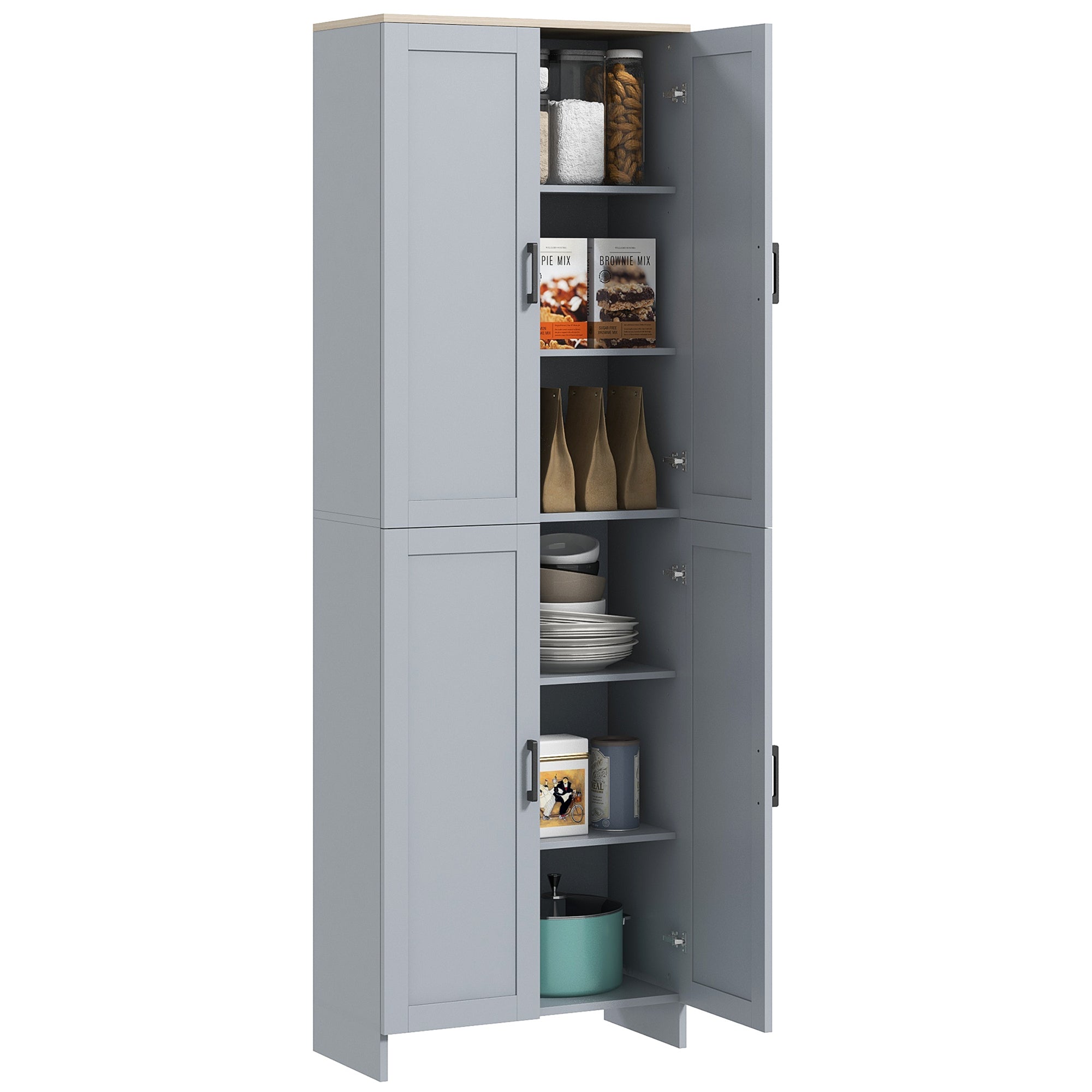 HOMCOM Freestanding Kitchen Cupboard, 4-Door Storage Cabinet Organizer with Adjustable Shelves Grey - North Peak Garden Furniture