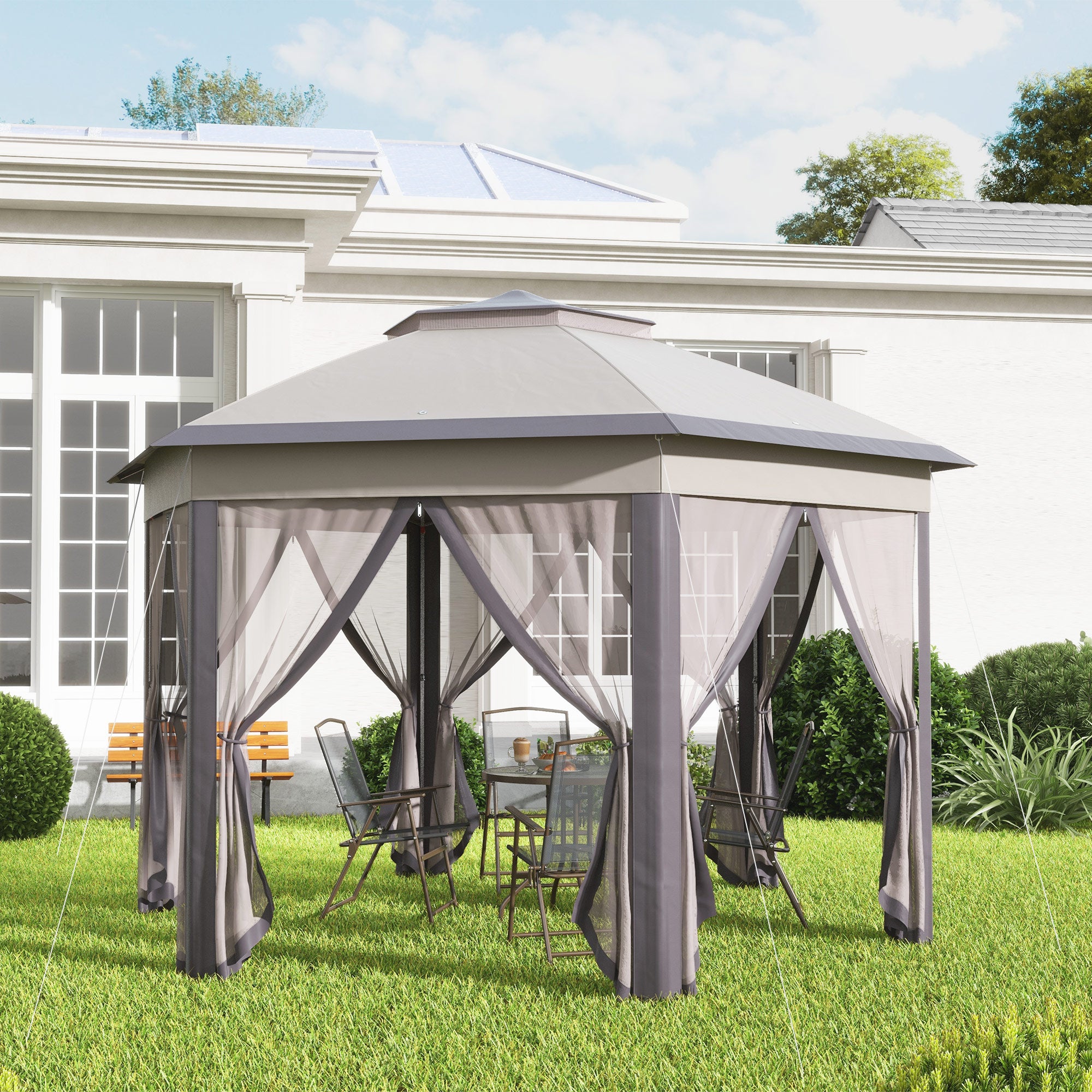 Outsunny Hexagon Garden Gazebo Pop Up Gazebo Outdoor Patio Double Roof Instant Shelter with Netting, 3 x 4m, Beige - North Peak Garden Furniture