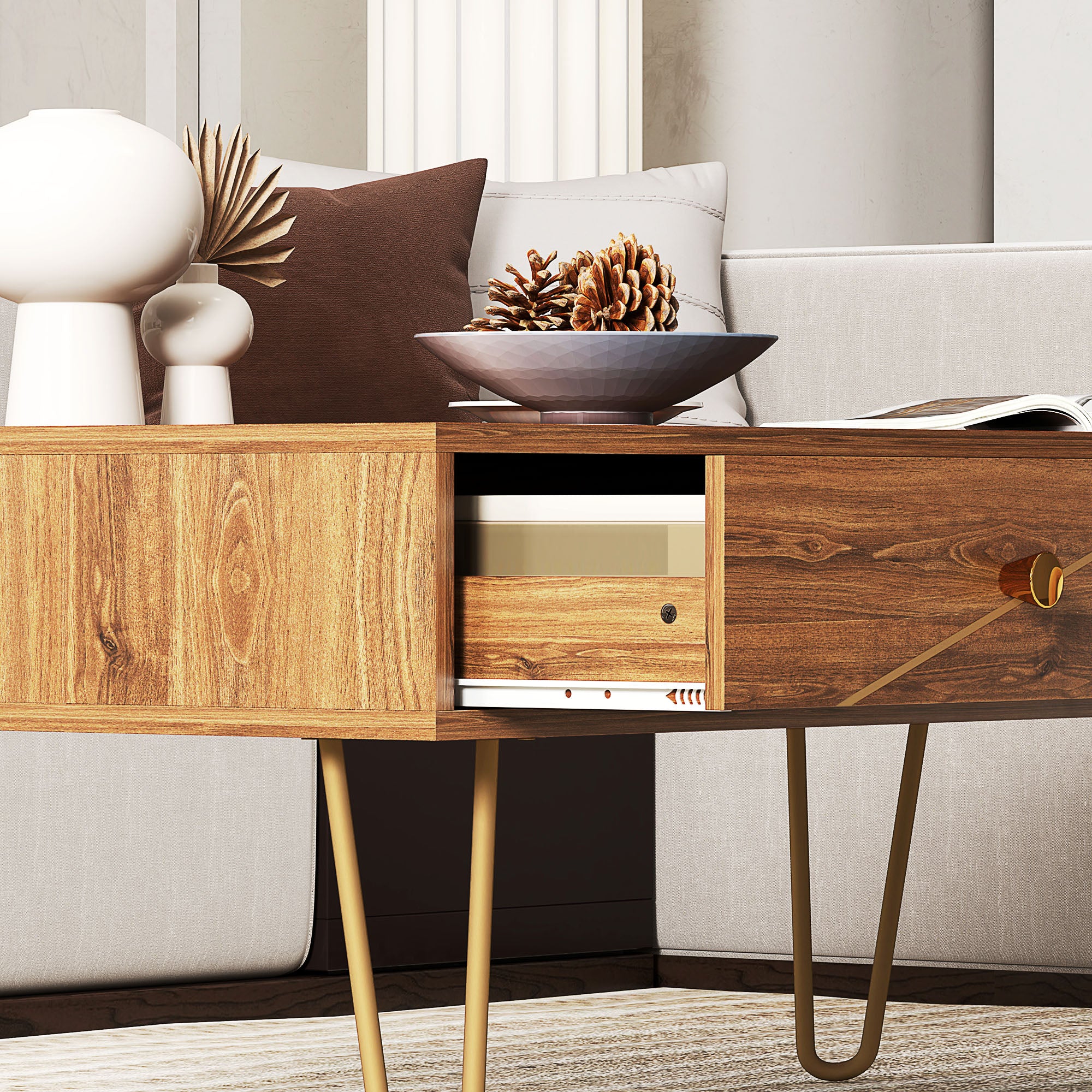 HOMCOM Coffee Table with Storage, Living Room Table with Drawers, Rectangular Tea Table with Steel Base for Home, 100 x 50 x 41 cm, Brown - North Peak Garden Furniture