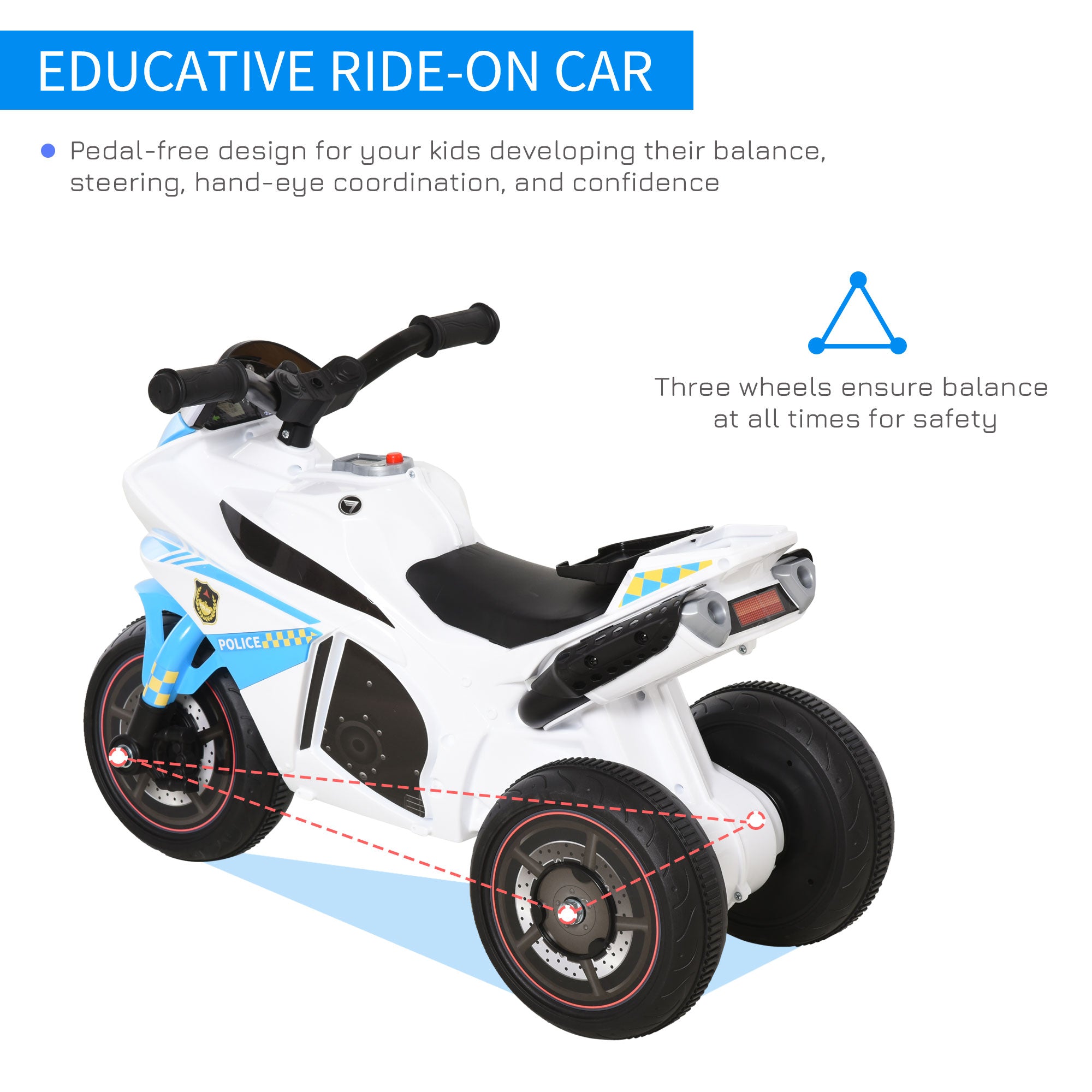 HOMCOM Kids Ride-On Police Bike 3-Wheel Vehicle w/ Music Lights Safe Seat Handlebars Toddler NO POWER Child Learning Fun Development 18-36 Months Blue - North Peak Garden Furniture