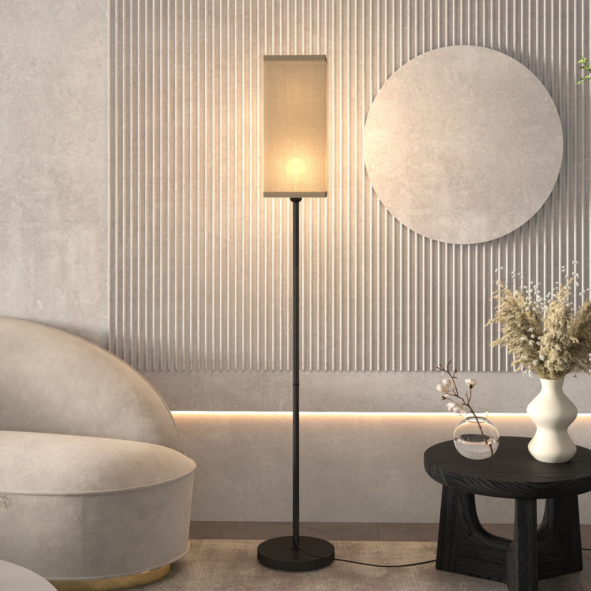 HOMCOM Floor Lamp, Modern Standing Lamp with Linen Shade, Tall Lamps for Living Room, Bedroom, with Foot Switch, Bulb not Included, Black - North Peak Garden Furniture