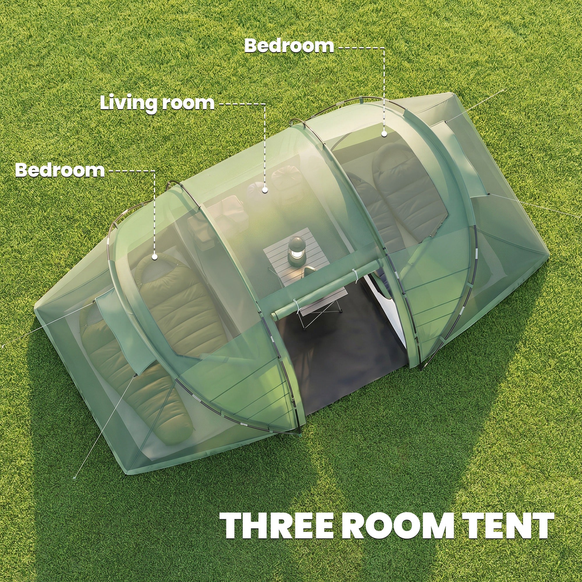 Outsunny 4-6 Man Camping Tent w/ Two Bedroom, Hiking Sun Shelter, UV Protection Tunnel Tent, Dark Green
