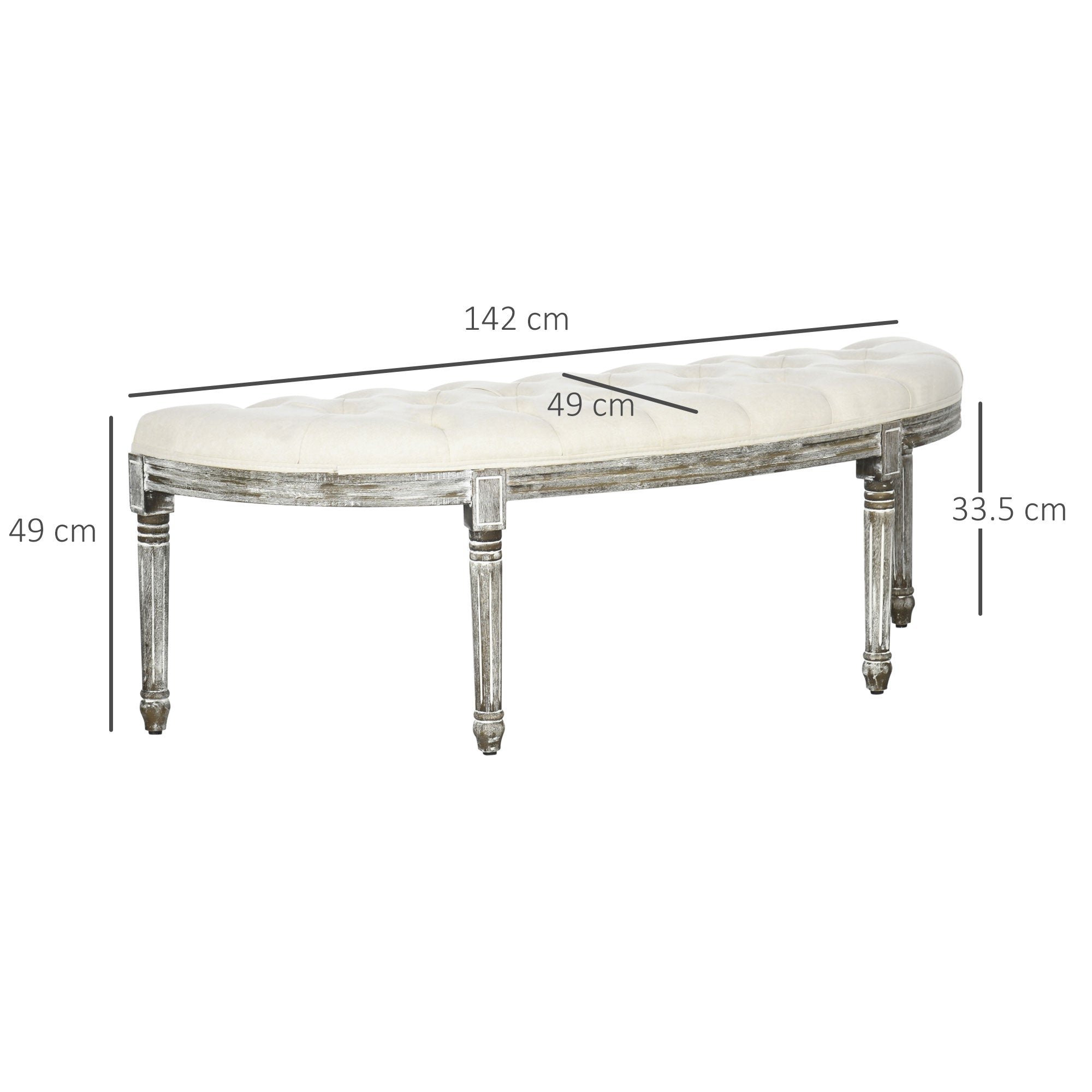 HOMCOM Half-Circle End Bench Ottoman Footstool Tufting Padded Seat Brushed Wood Base Antique Accents Home Seat Furniture Cream White and Light Wood Grain Leg - North Peak Garden Furniture