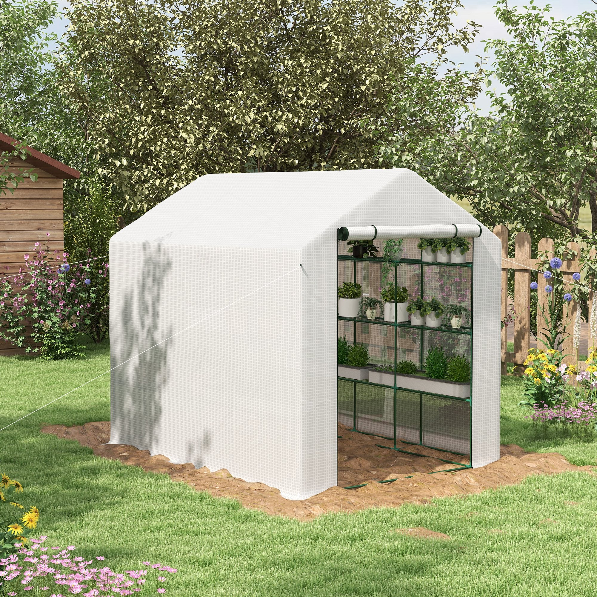 Outsunny Walk-in Greenhouse with 4 Tier 24 Shelves, Portable Grow House with Roll-up Zipped Door, 244 x 180 x 210 cm, White - North Peak Garden Furniture