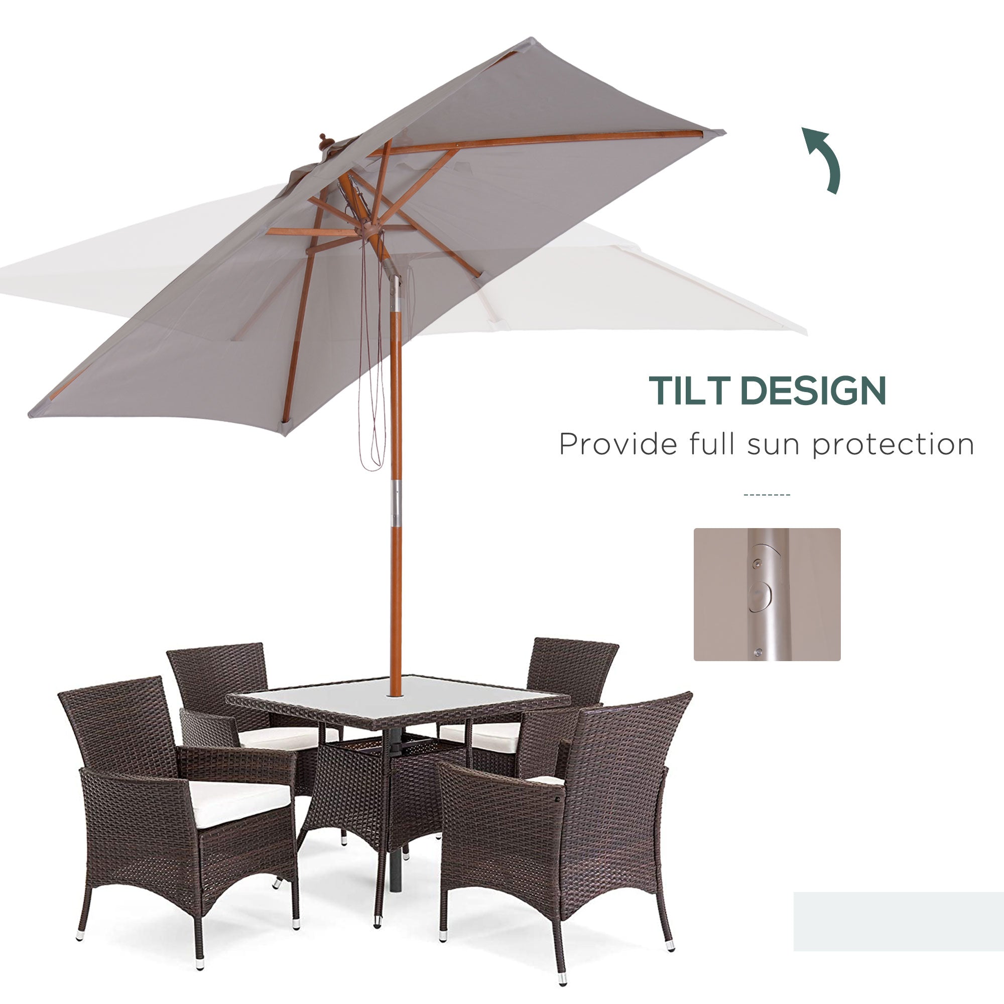 Outsunny 2m x 1.5m Patio Garden Parasol Sun Umbrella Sunshade Canopy Outdoor Backyard Furniture Fir Wooden Pole 6 Ribs Tilt Mechanism - Grey