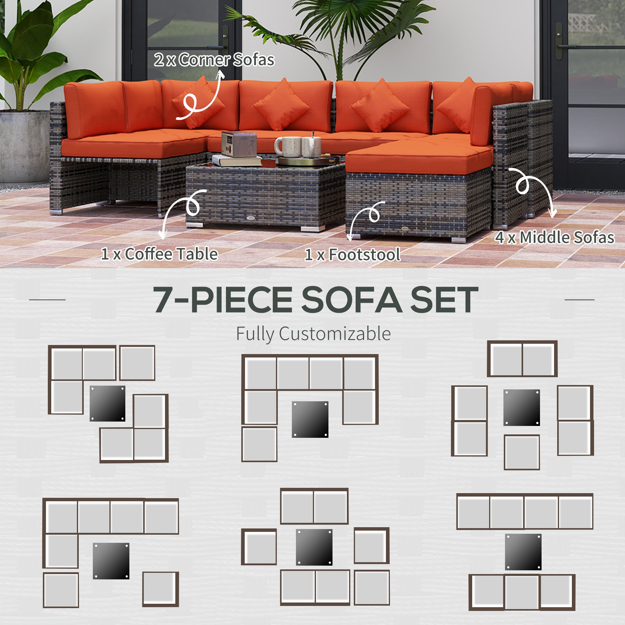 Outsunny Eight-Piece Rattan Sofa Set - Orange/Grey