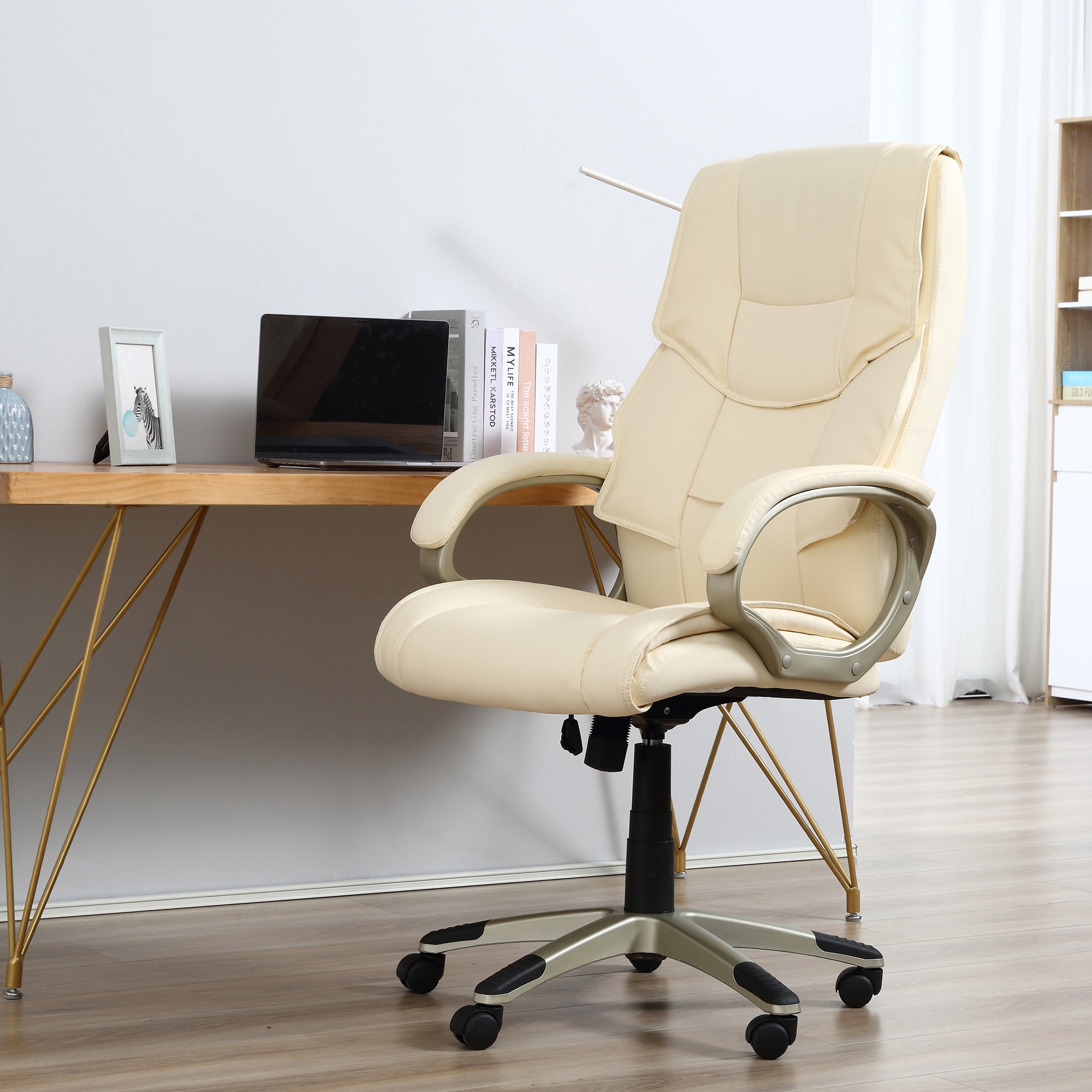 HOMCOM Home Office Chair High Back Computer Desk Chair with Faux Leather Adjustable Height Rocking Function Cream White - North Peak Garden Furniture