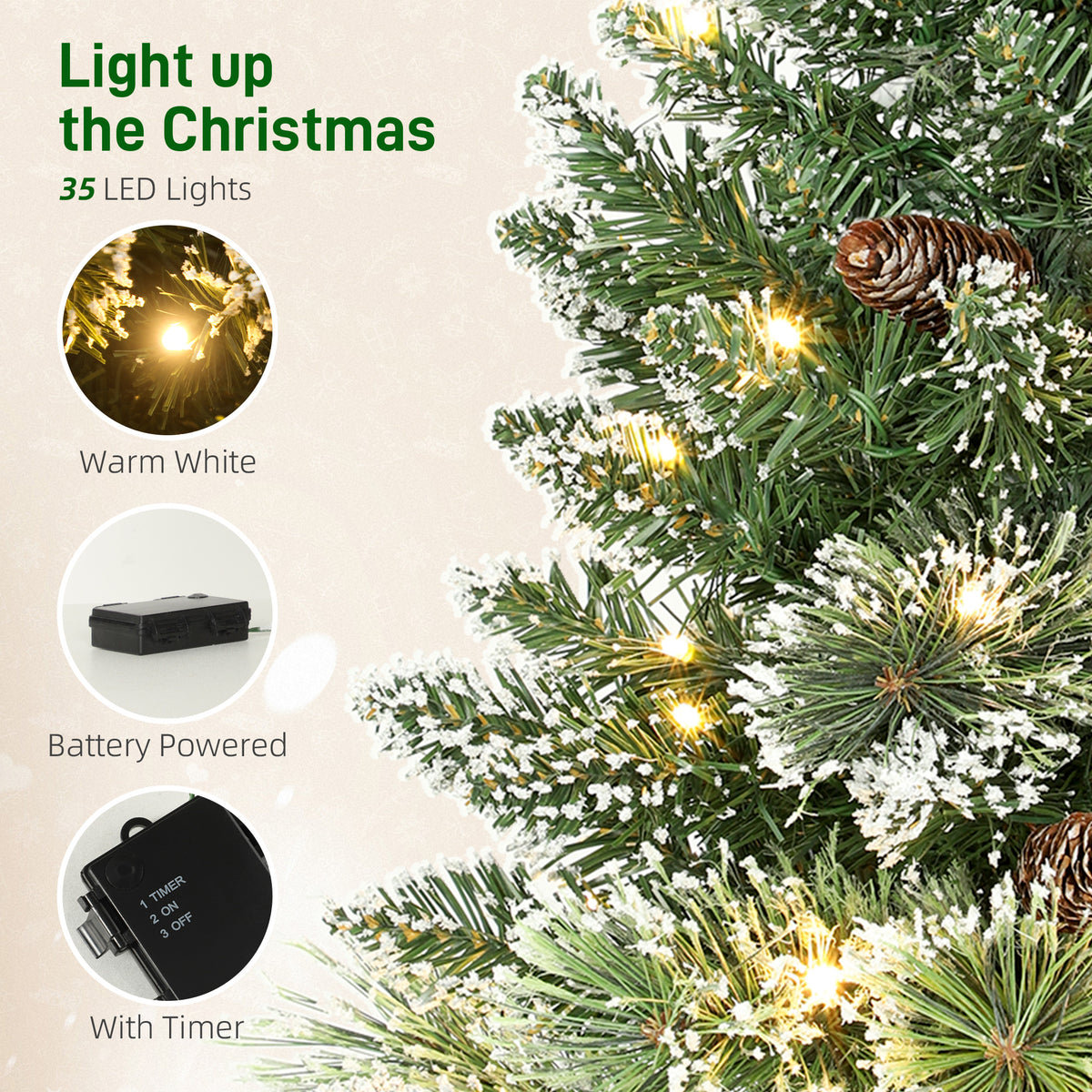 HOMCOM 60 cm Prelit Small Christmas Tree, Snow Flocked Tabletop Mini Xmas Tree with 35 LED Lights, Pine Cones and Linen Cover Base, Battery Operated, Green