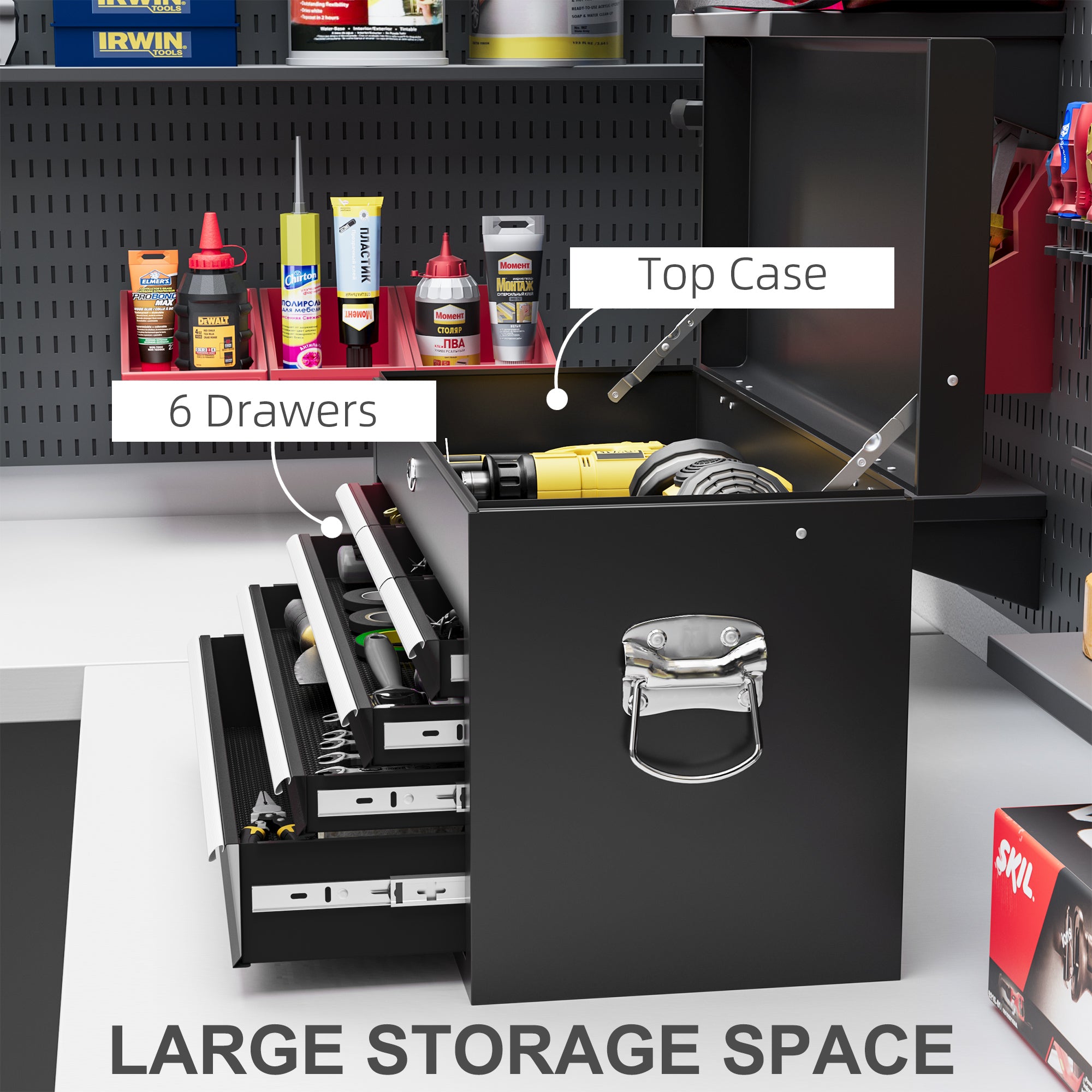 HOMCOM Steel Six Drawer Tool Storage Carry Chest, with Lock and Keys - Black - North Peak Garden Furniture
