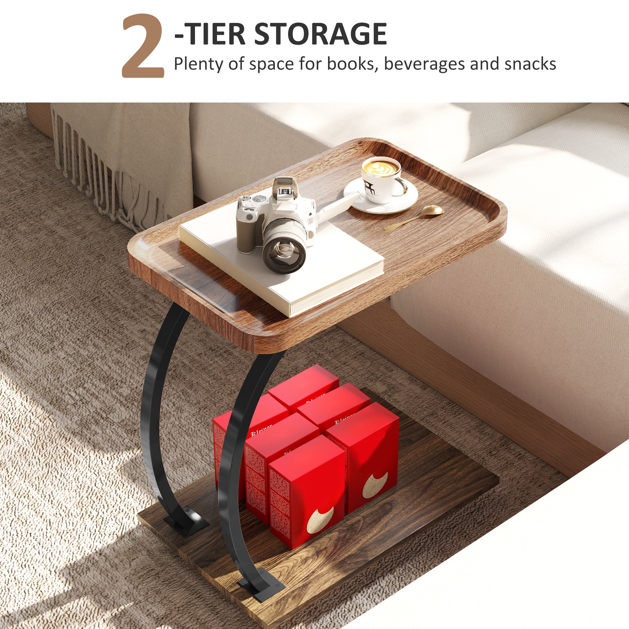 HOMCOM 2-Tier Mobile C-Shaped Side Table - Brown - North Peak Garden Furniture