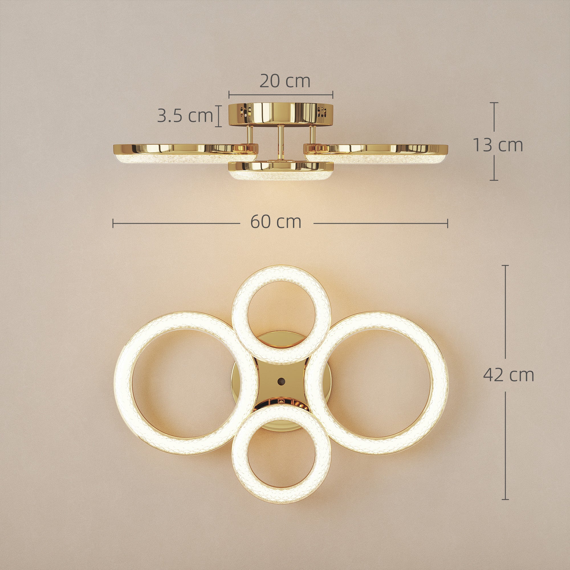 HOMCOM LED Ceiling Light, Modern 4 Rings Ceiling Lamp with Wall Switch Control, 40W 4350lm Flush Mount Ceiling Light with 3500K/4500K/6000K Colour Temperatures for Living Room, Bedroom, Gold Tone
