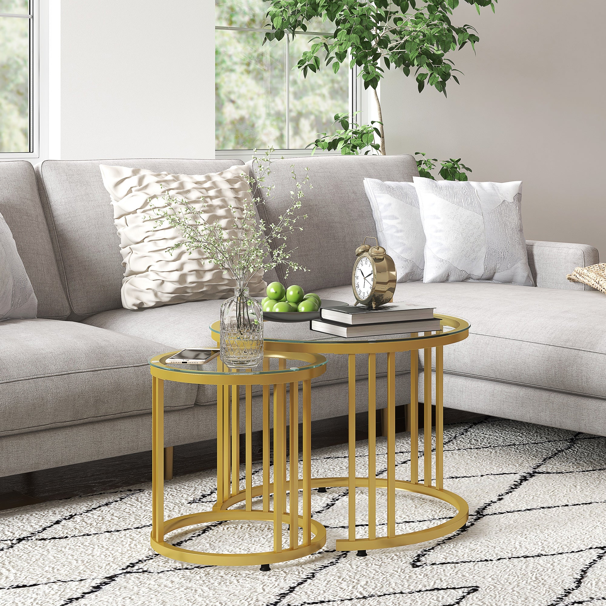HOMCOM Round Coffee Tables Set of 2, Nesting Tables with Tempered Glass Top and Steel Frame, 60cmx60cmx47cm, Gold Tone - North Peak Garden Furniture