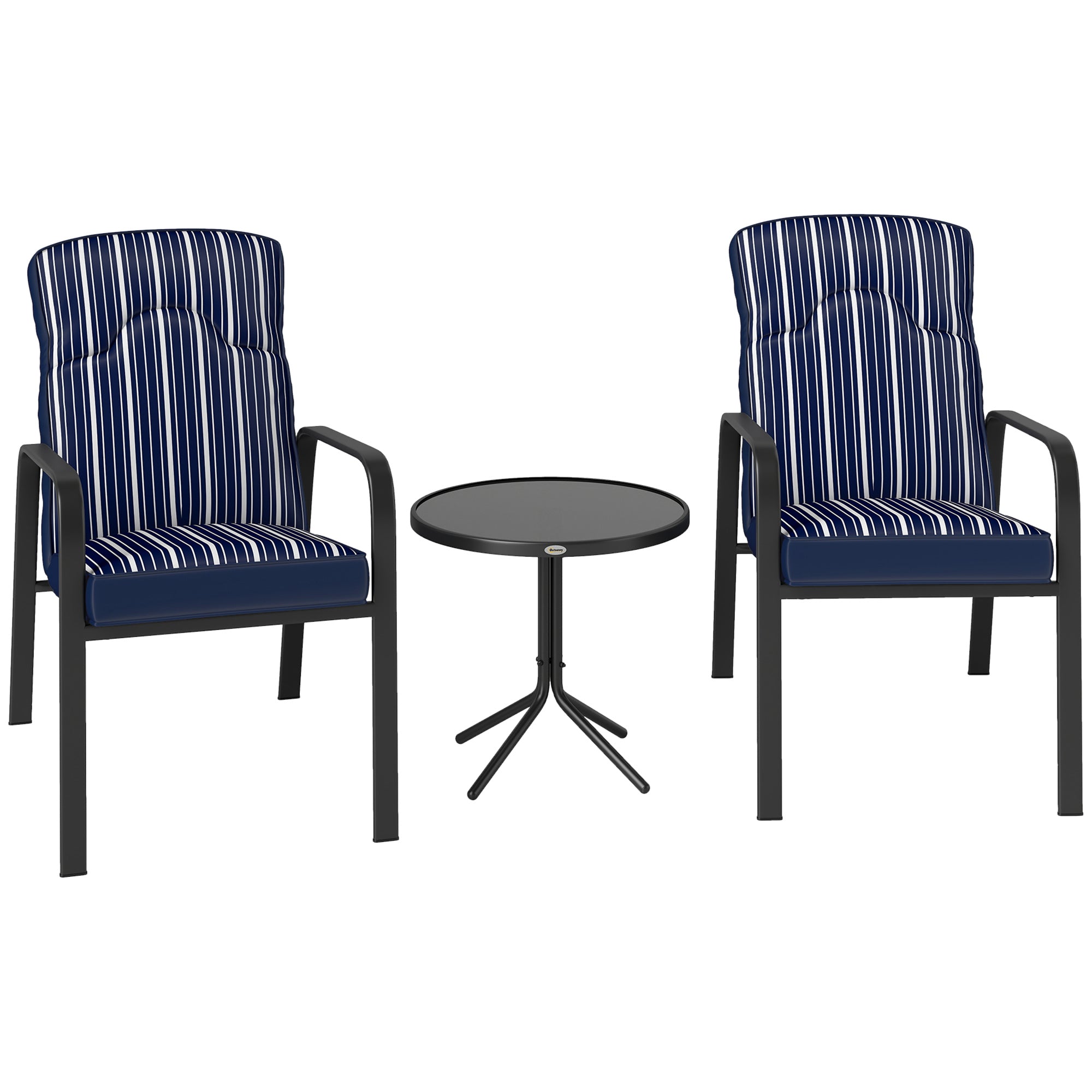 Outsunny 3-Piece Patio Bistro Set, 5-Position Adjustable Recliner Garden Chairs and Tempered Glass Table, Garden Furniture Set with Cushions, High Back, Armrests, Metal Frame for Balcony Patio, Blue - North Peak Garden Furniture