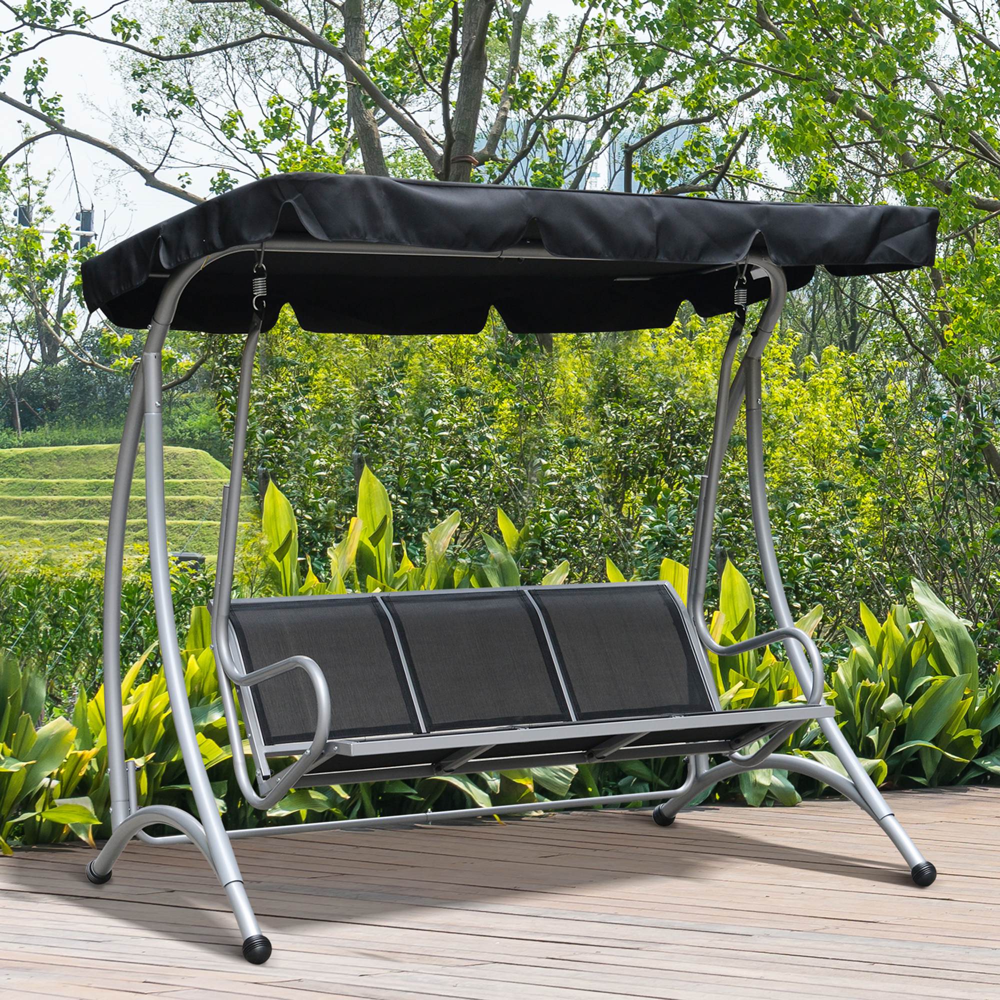 Outsunny Three Person Steel Outdoor Porch Swing Chair Bench with Canopy Cover - Black