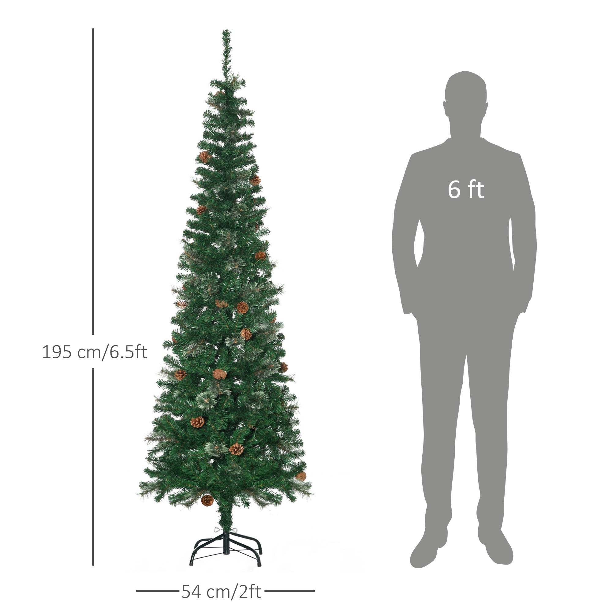 HOMCOM 6.5FT Tall Pencil Slim Artificial Christmas Tree with Realistic Branches, Tip Count and Pine Cones, Pine Needles Tree, Xmas Decoration, Green