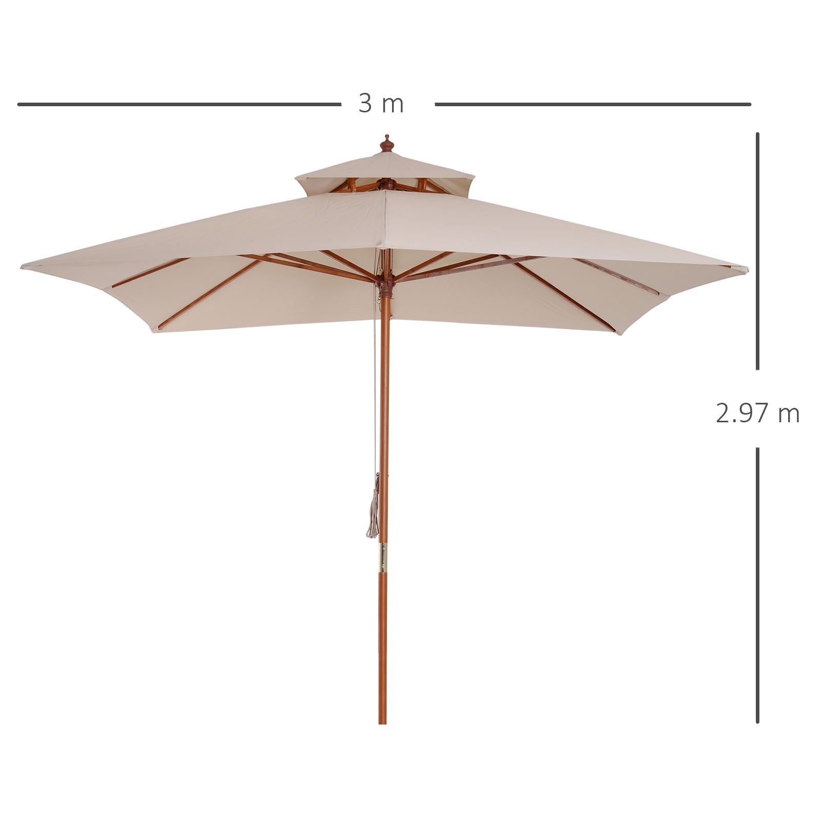 Outsunny 3 x 3 metre Patio Parasol Garden Umbrellas Sunshade Outdoor Wooden Parasol Canopy Double Tier, Beige, BASE NOT INCLUDED - North Peak Garden Furniture
