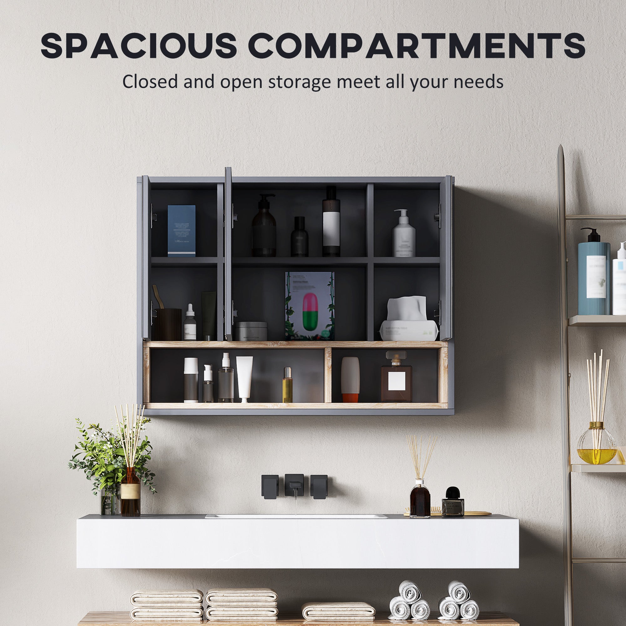 HOMCOM Bathroom Mirror Cabinet, Wall Mounted Bathroom Cabinet with Mirror, 3 Doors and Cupboards, Grey - North Peak Garden Furniture