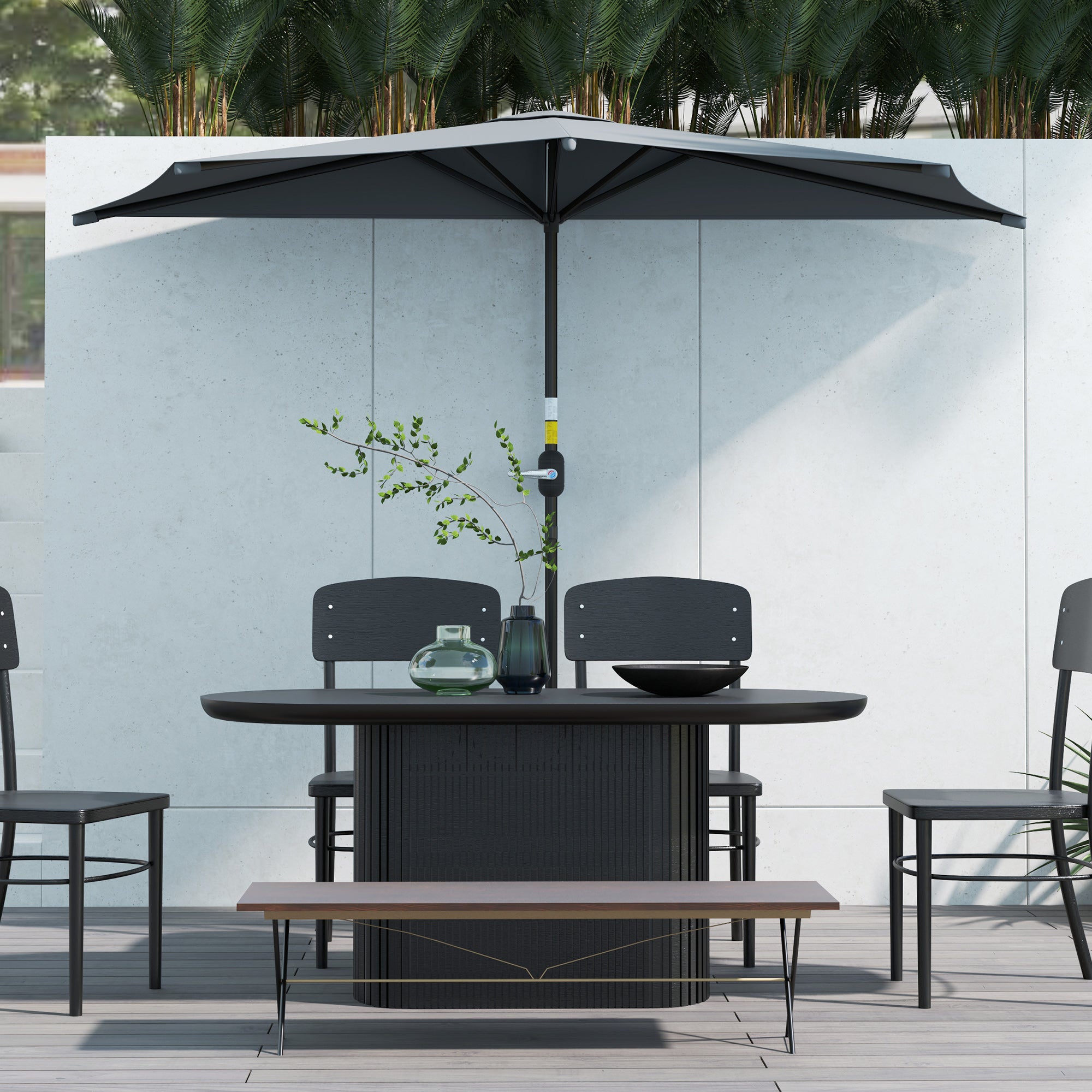 Outsunny 3(m) Half Parasol, Semi Round Umbrella with Metal Frame, Crank Handle for Balcony, Garden, Dark Grey - North Peak Garden Furniture
