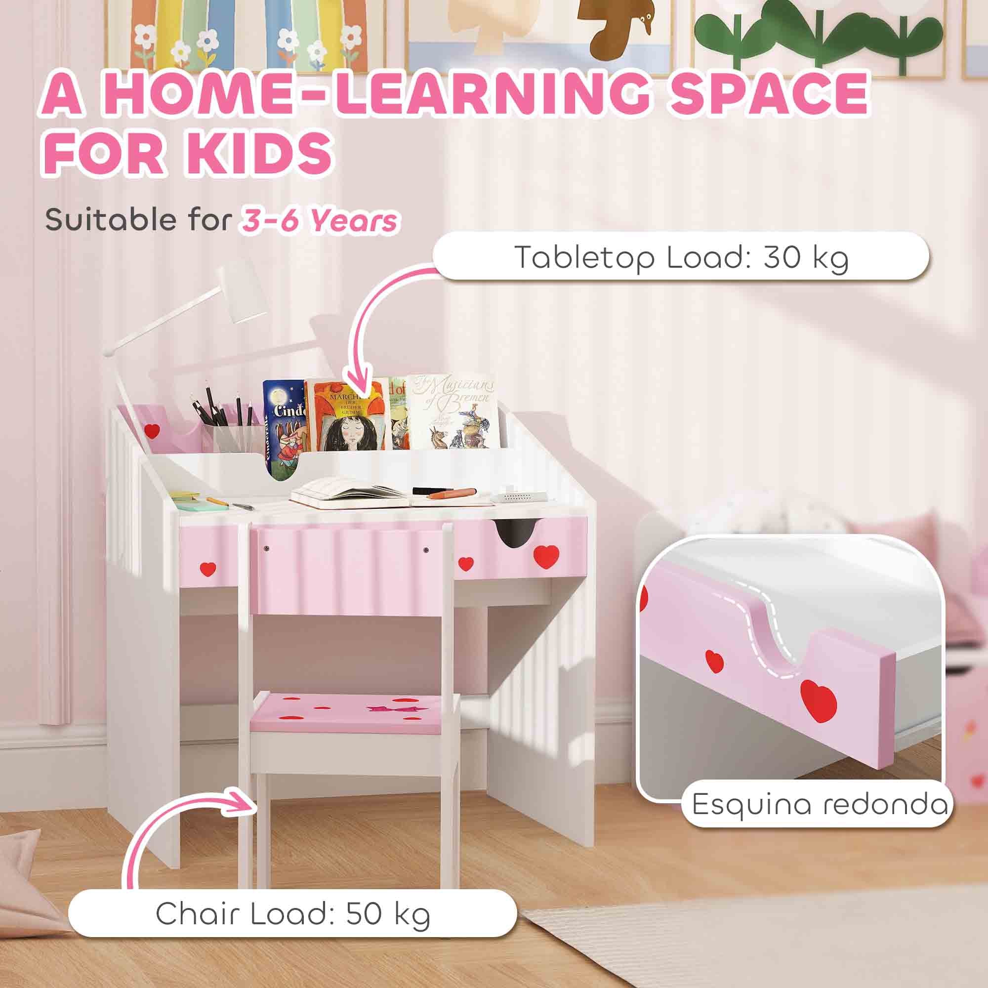 AIYAPLAY Children Study Table and Chair, Kids Desk and Chair Set with Storage, Pull-out Drawer, Gift for 3-6 Years Old - Pink - North Peak Garden Furniture