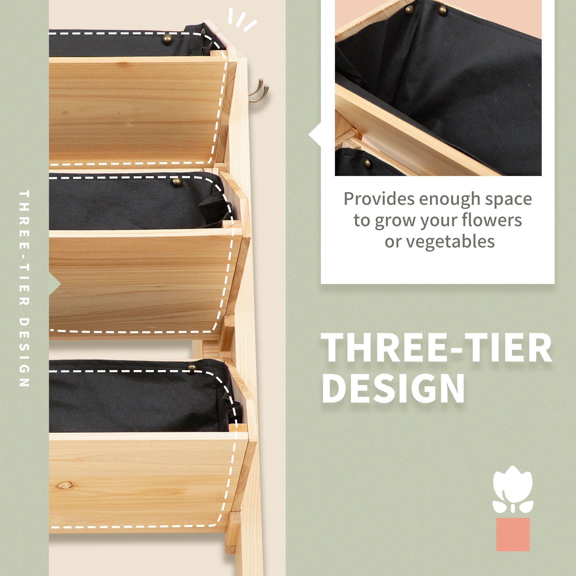 Outsunny 3 Tier Raised Beds for Garden, Wooden Planter Boxes with Clapboard and Hooks, 142L, 120 x 68 x 80cm - North Peak Garden Furniture