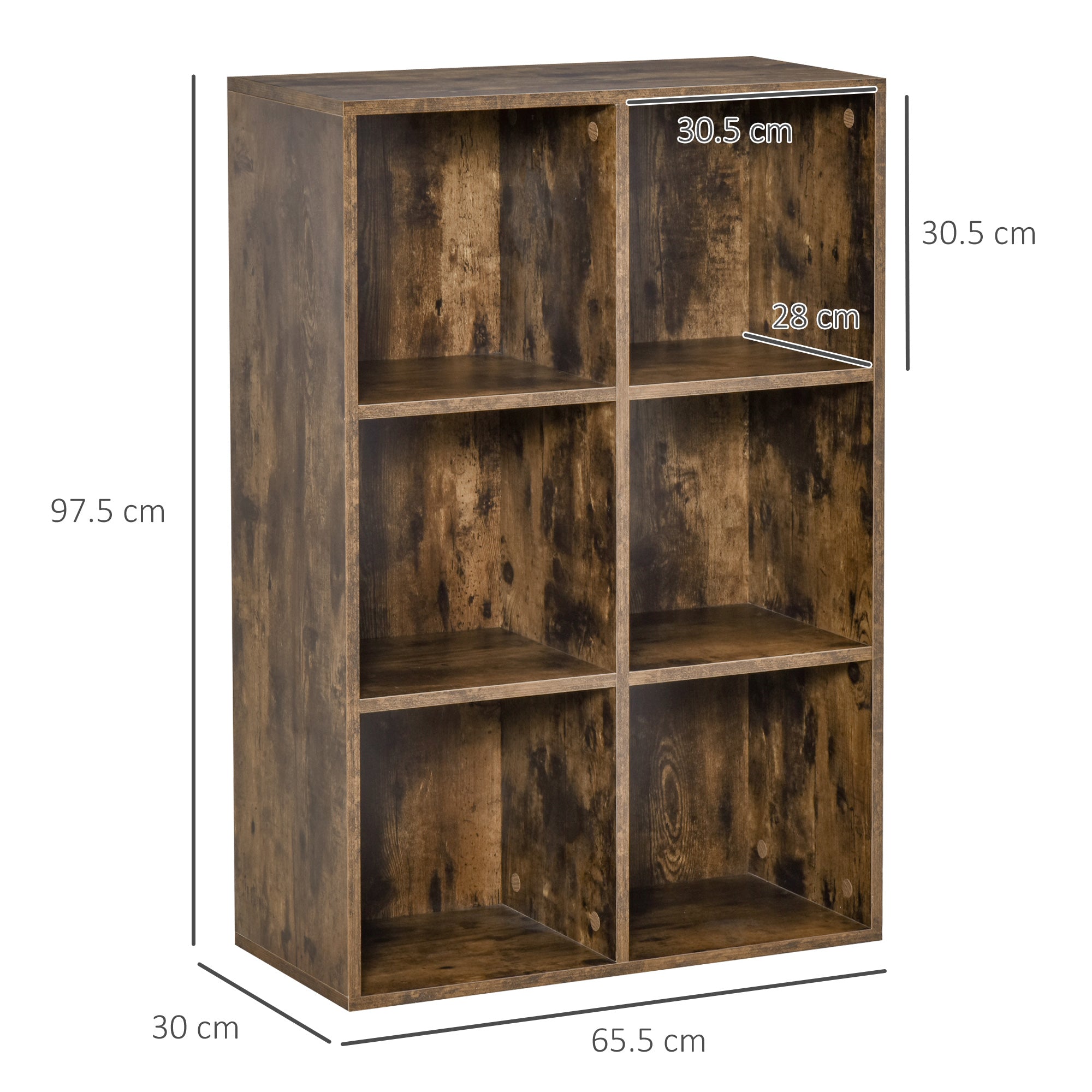 HOMCOM Six-Cube Bookcase - Rustic Brown Wood Effect