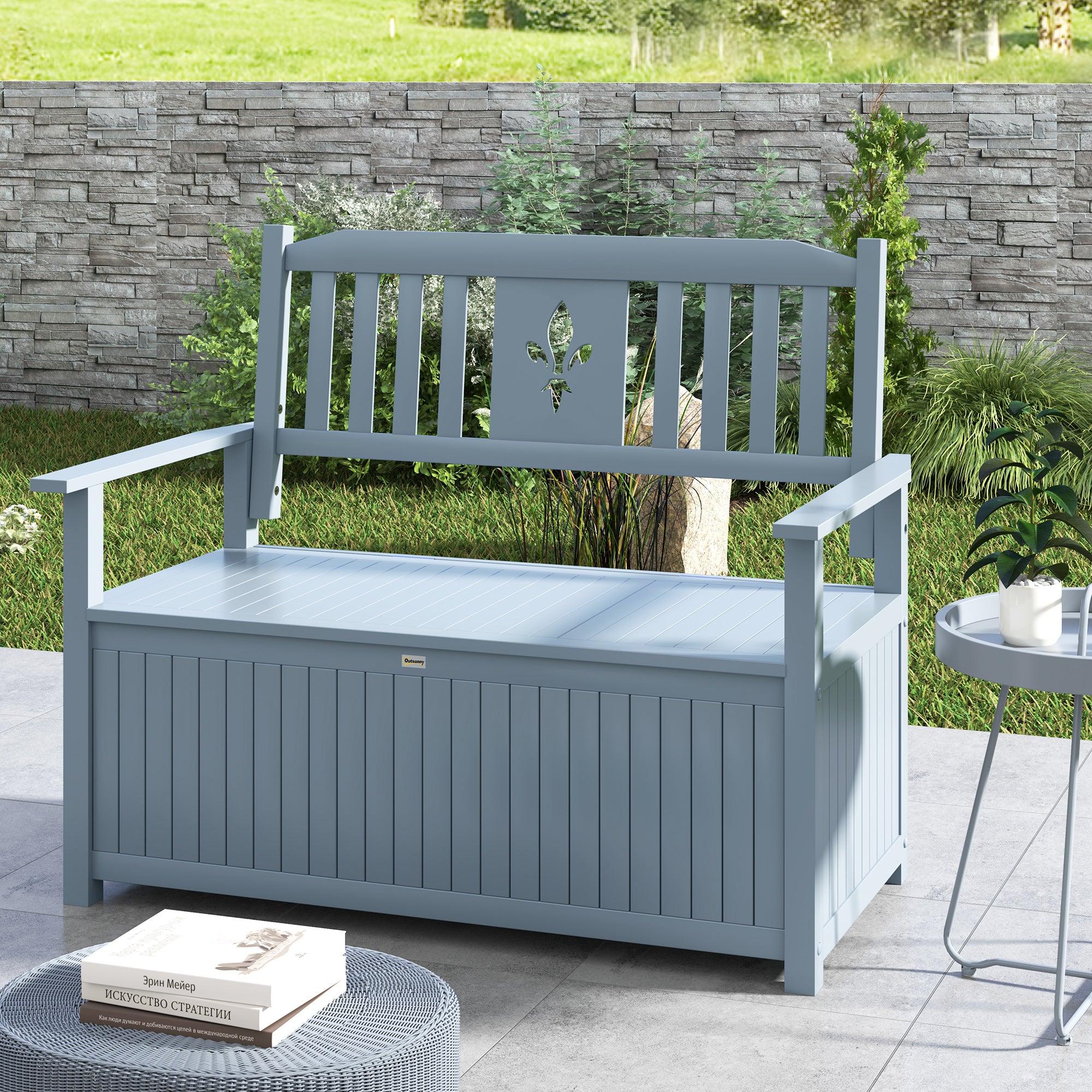 Outsunny Two-Seater Wooden Storage Bench - Grey - North Peak Garden Furniture